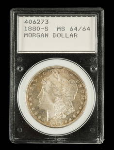 1880-S Silver Morgan Dollar MS 64/64: Graded by U.S. Tangible Investment Corporation. KE. IMPORTANT: Before bidding, please read the terms and conditions. When you registered for the auction you agreed to these terms and will be required