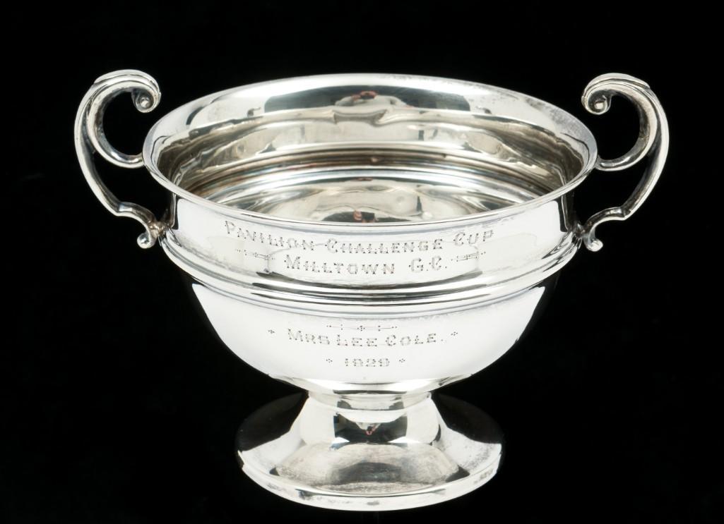 1929 Milltown Golf Club Sterling Trophy: Charles Weale George V sterling trophy. Charles Weale was located in Birmingham, England. Date marked for 1928 and Dublin import marks for 1929. Hallmarked near right handle. Engraved to front, reads 