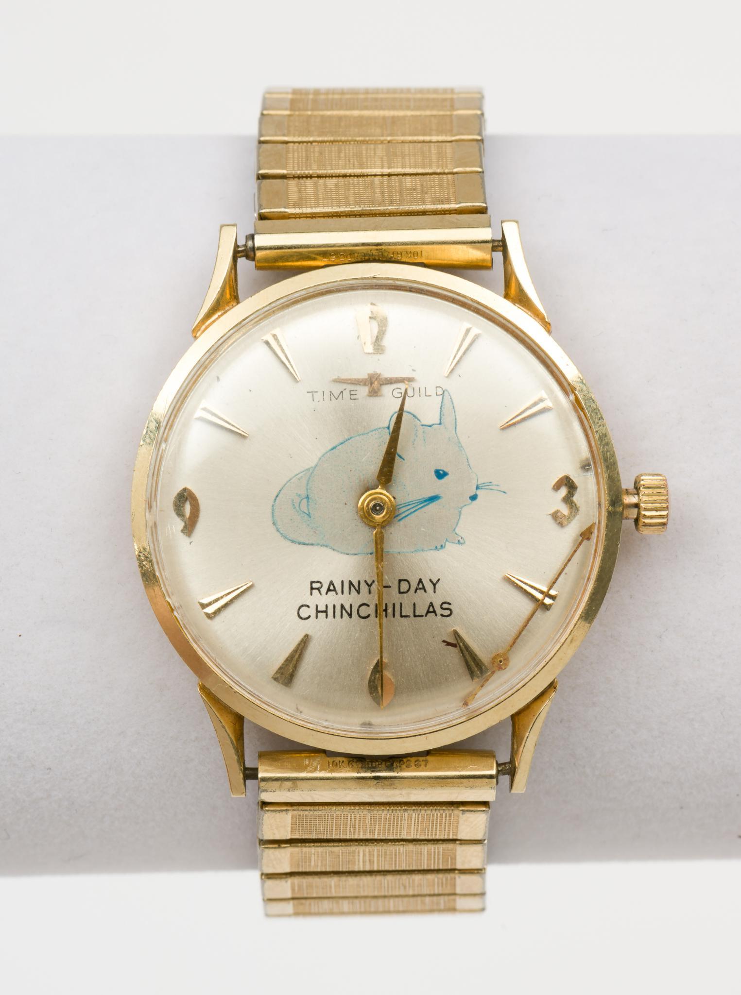 14K Time Guild Rainy Day Chinchillas Wristwatch: 14K case with flexible Speidel band.1-1/2" lug to lug. Runs, starts and stops. 14K case only 6.9 dwt. Second hand detached but present. KE. IMPORTANT: Before bidding, please read the terms and conditi