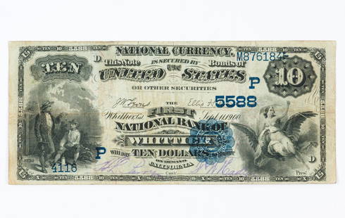 $10 First National Bank of Whitier, CA National Currency: Circulated with folds and creases. RM