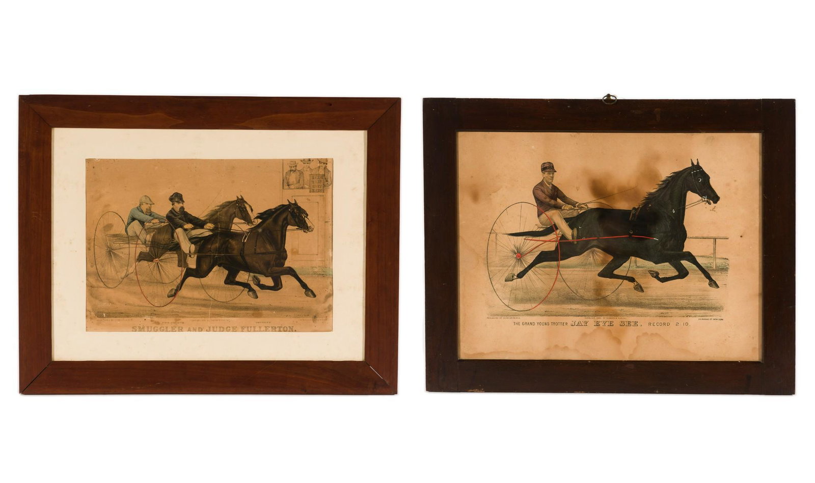 2 Antique Currier and Ives Prints: Titled Jay Eye See and Smuggler and Judge Fullerton. Overall with frame 16" high x 21-1/2" wide. Both with toning and foxing. MH. IMPORTANT: Before bidding, please read the terms and conditions. When 