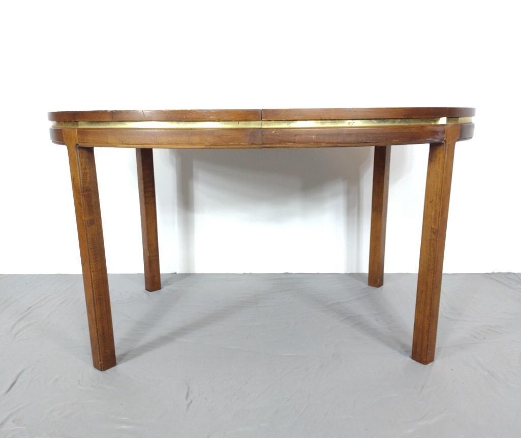 Dining Room Table With Two Leaves: Table 52" wide X 40" deep X 29-1/2" high. Each table leaf is 20" wide. Has a few scratches. Brass trim starting to peel. MG. IMPORTANT: Before bidding, please read the terms and conditions. When you r