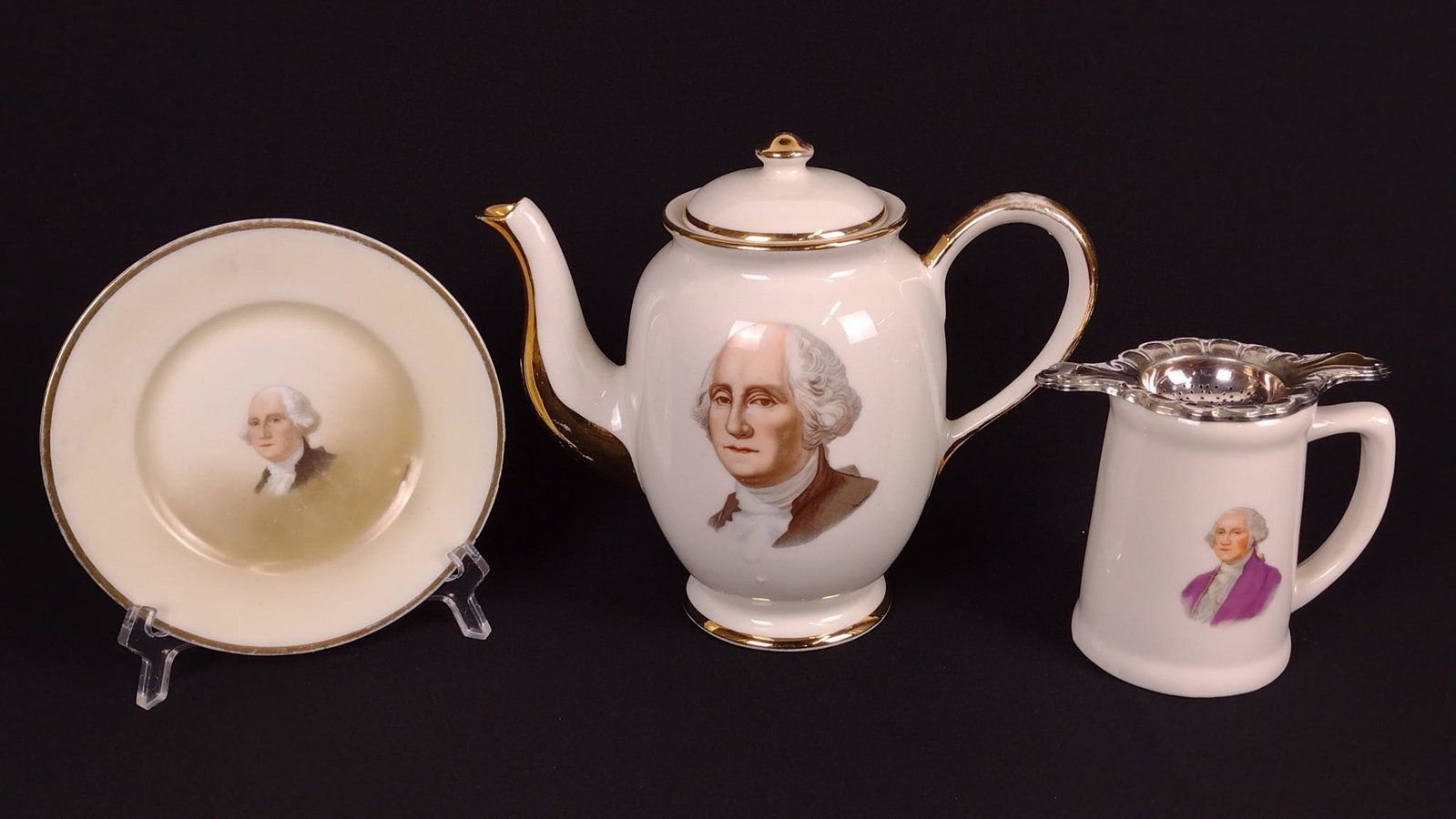 3 Mt. Vernon George Washington Souvenirs: Mug marked "Mt. Vernon, Virginia." Plate marked "Silesia." Plate: 6-1/4" diameter. Mug/pitcher: 4-1/2" to 7-1/2" high. DM IMPORTANT: Before bidding, please read the terms and conditions. When you regi