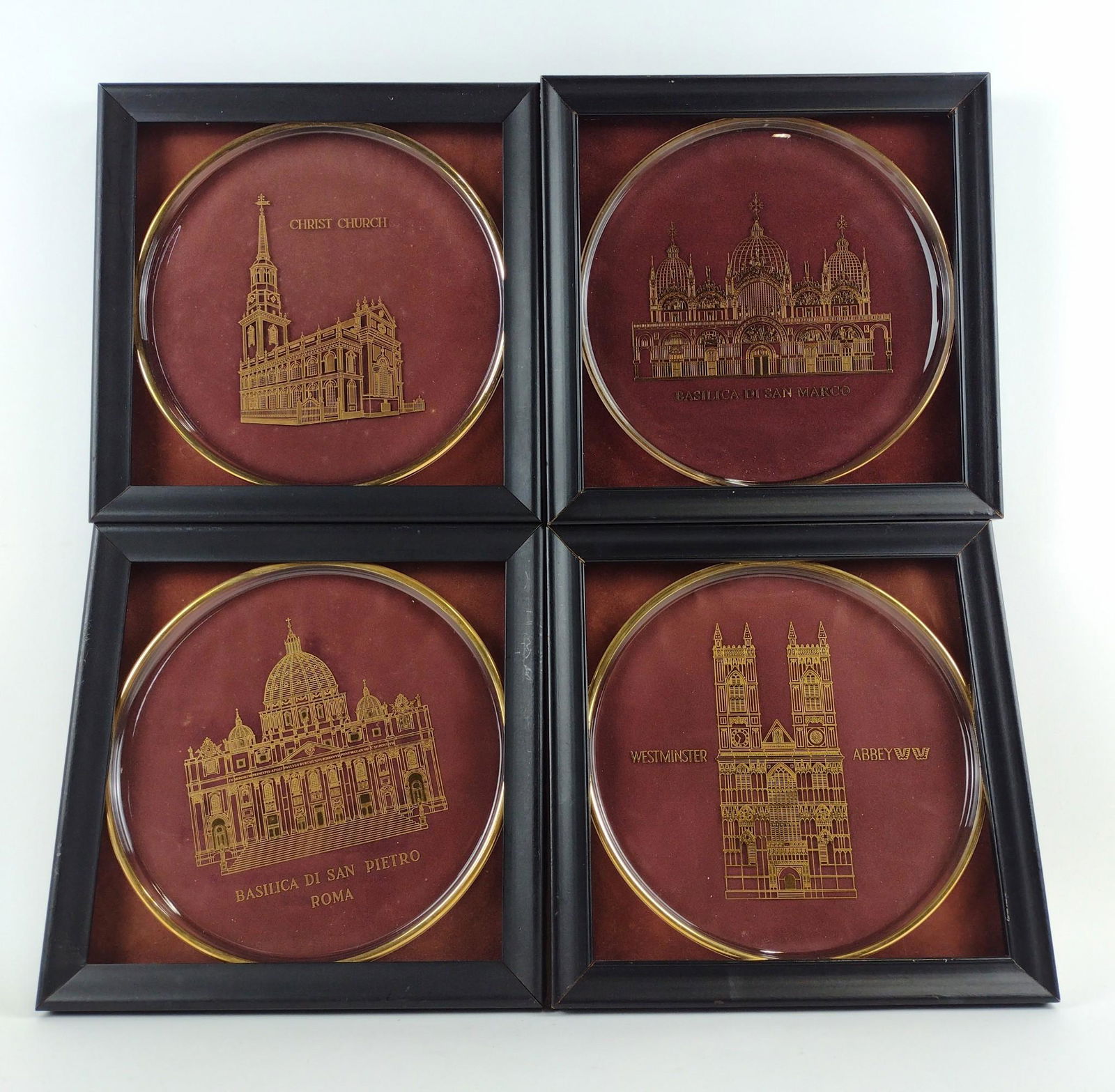 4 Framed Orrefors Plates: Includes Basilica di San Pietro, Westminster Abbey, Basilica di San Marco, and Christ Church. Overall with frame 11-1/2" square. DM IMPORTANT: Before bidding, please read the terms and conditions. Whe