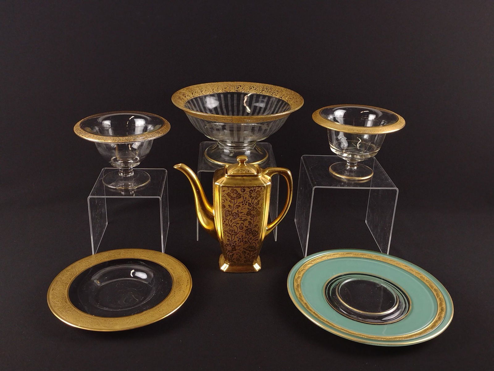 6 Pcs Gold Rim Glassware & Coffee Pot (1 of 5)