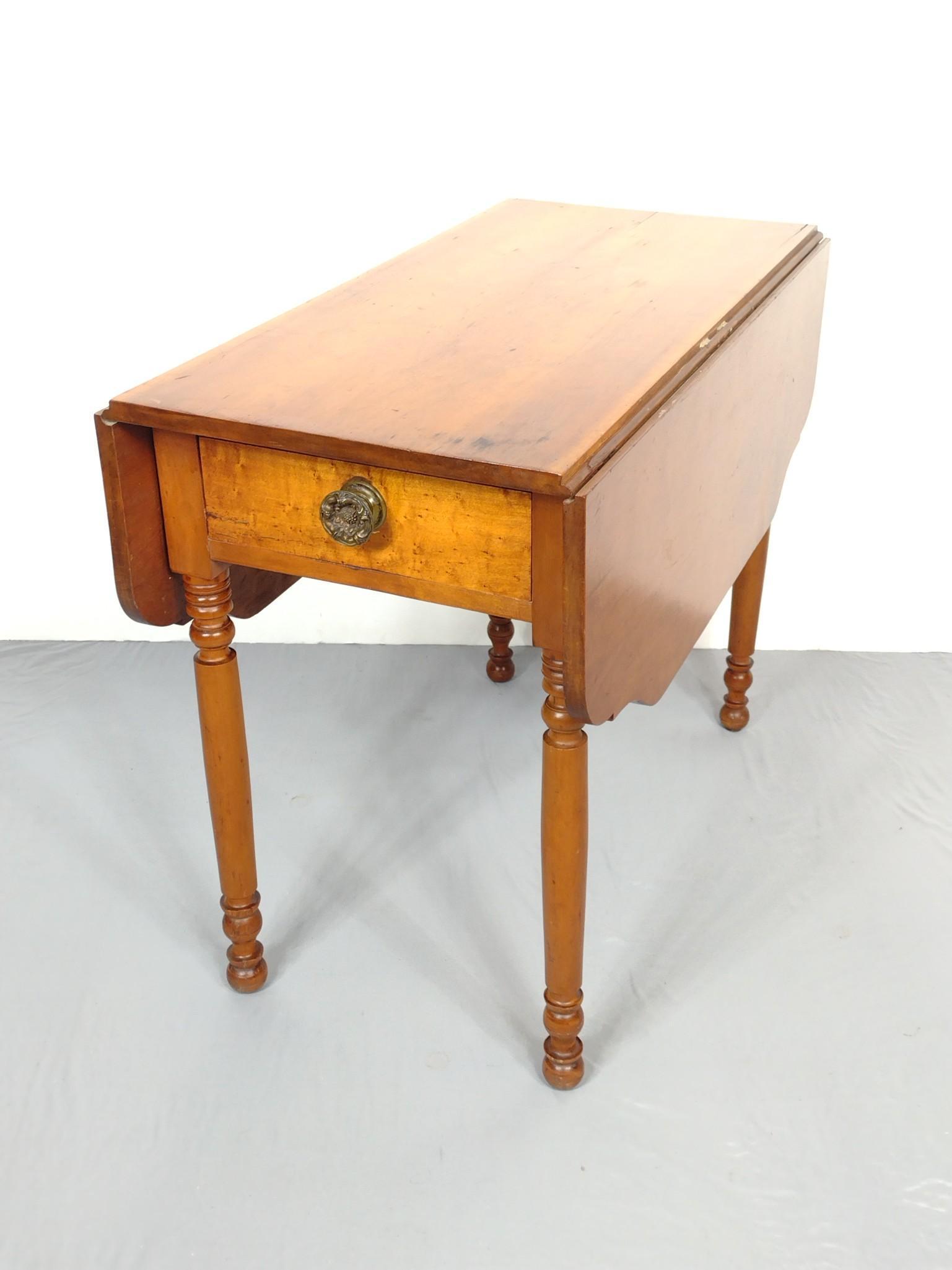 Drop Side Table: Closed 18-1/2", open 41-1/4" wide X 36-1/4" deep X 28-3/4" high. Has some scratches. MG. IMPORTANT: Before bidding, please read the terms and conditions. When you registered for the auction you agreed