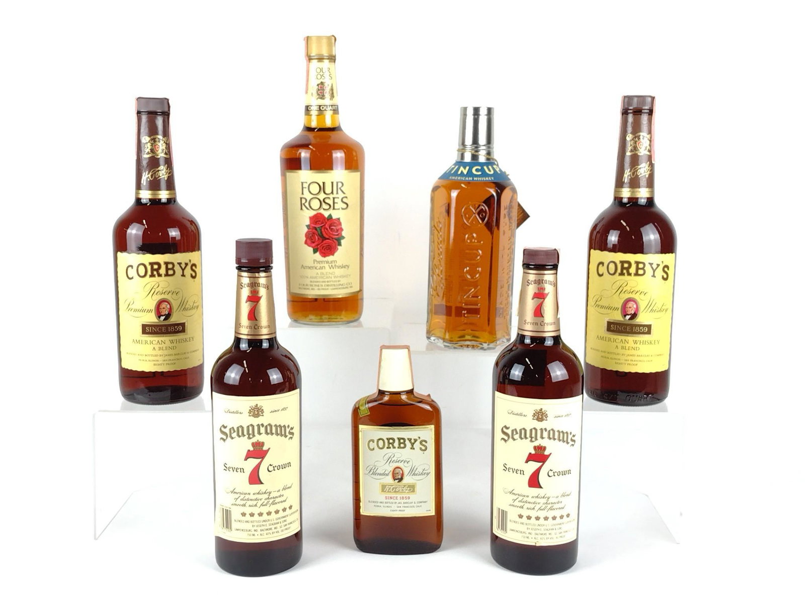 7 Estate Bottles American Whiskey Incl Seagram's: All sealed and unopened. 1/2 pt. to 1 qt. DP. This lot cannot be shipped. IMPORTANT: Before bidding, please read the terms and conditions. When you registered for the auction you agreed to these terms