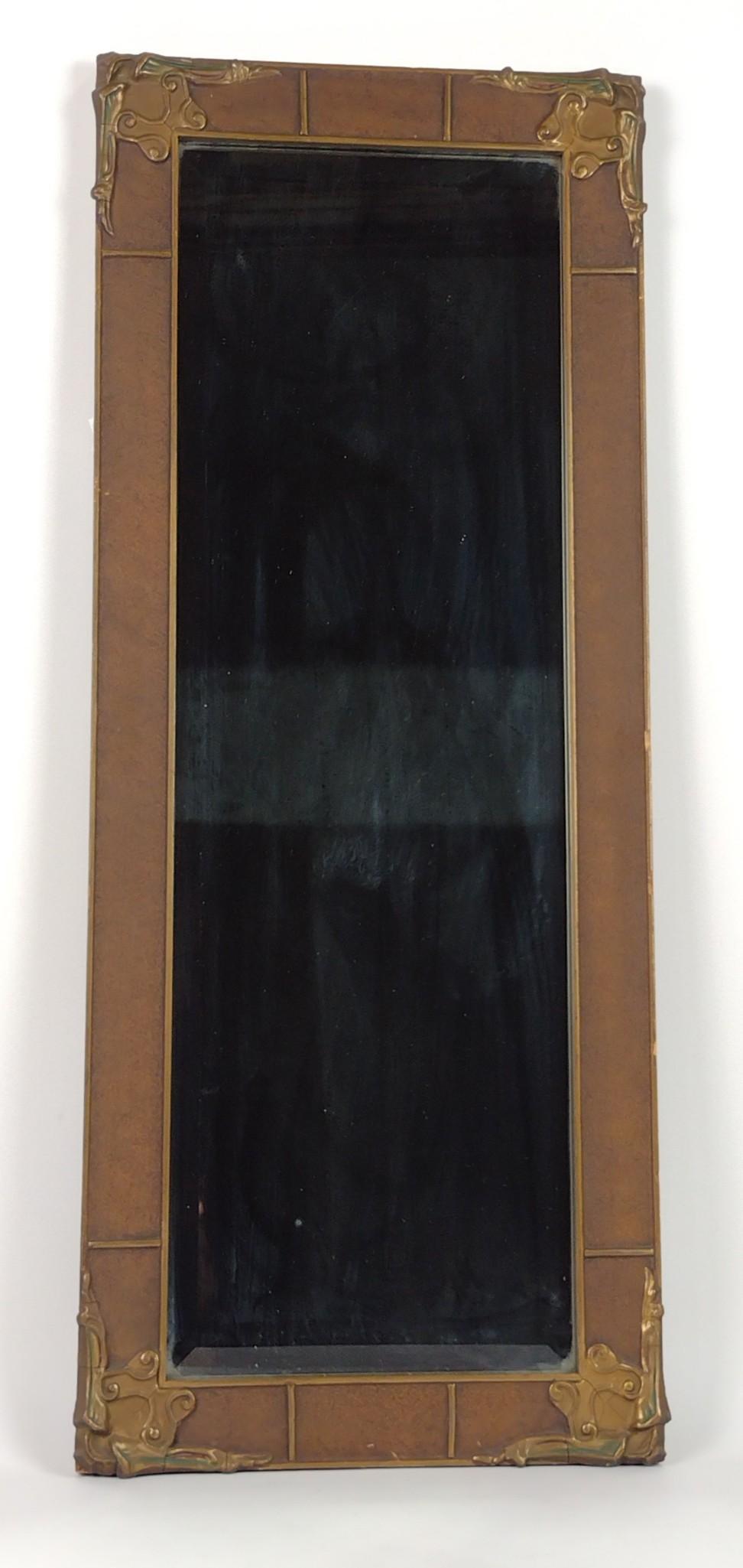 Antique Beveled Glass Mirror: Overall with frame 33-1/2" high X 13-1/2 wide. Some cracks to frame. Some discoloration to glass. DM IMPORTANT: Before bidding, please read the terms and conditions. When you registered for the auctio