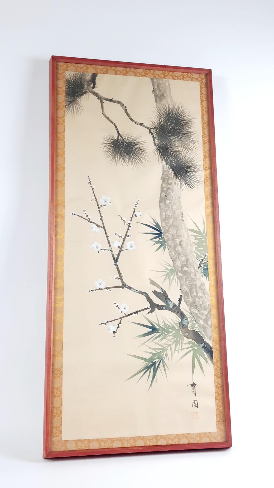 Chinese Scroll on Silk of Plum Blossom and Pine Birch: Chop mark lower right. Overall with frame 43-1/2" high x 19" wide. LR IMPORTANT: Before bidding, please read the terms and conditions. When you registered for the auction you agreed to these terms and