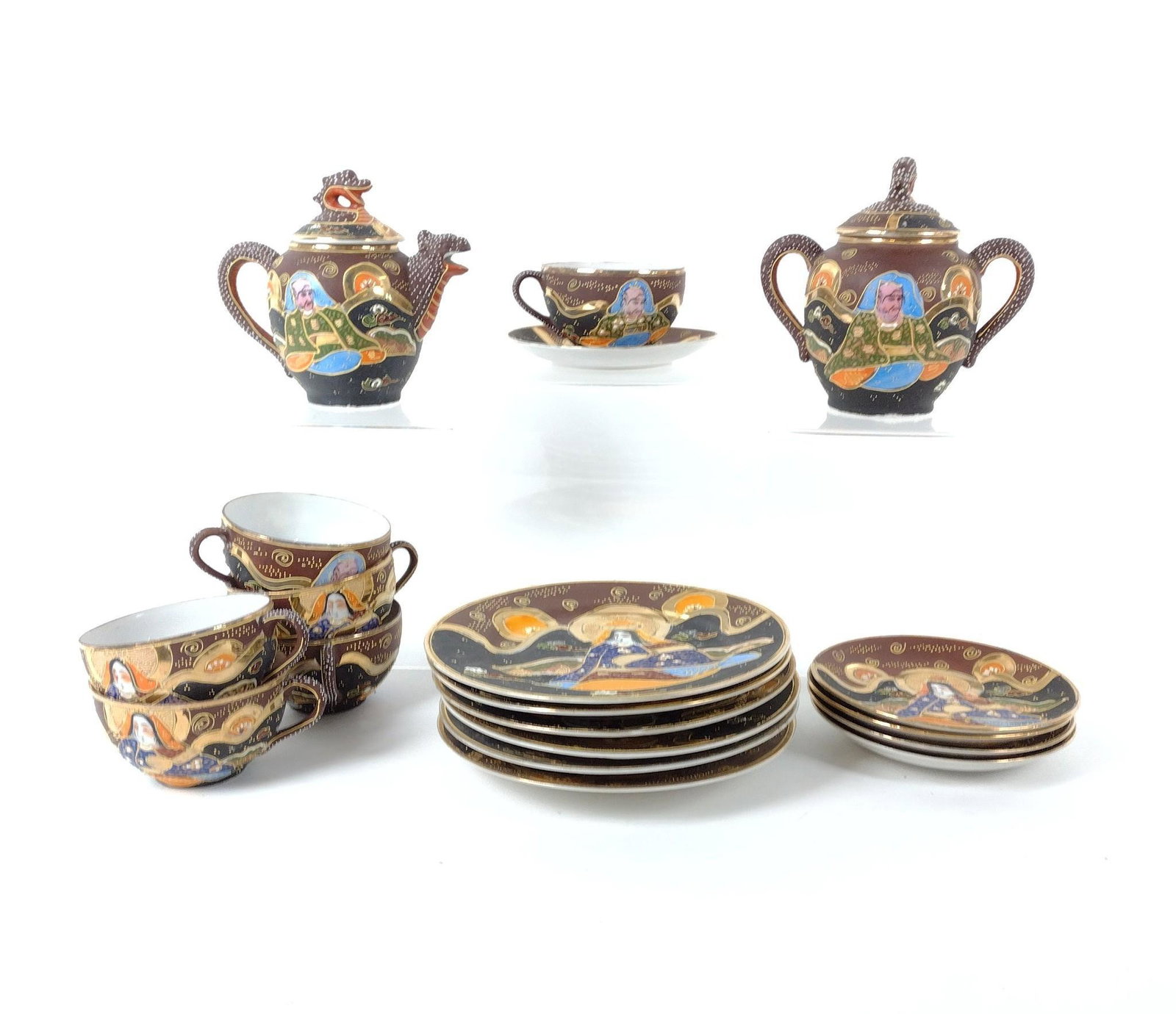 19 Pcs Japanese Tea Set: Marked Made in Japan to bottom. Saucer 5-1/2" to 7-1/2" diameter. Teacup, teapot and sugar jar 2" to 6" high. KE. IMPORTANT: Before bidding, please read the terms and conditions. When you registered f