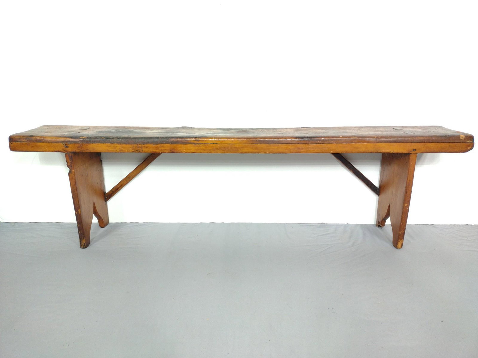 5' 5" Wood Bench: 66" wide X 10" deep X 17-3/4" high. Has scratches and finish loss. MG. IMPORTANT: Before bidding, please read the terms and conditions. When you registered for the auction you agreed to these terms an
