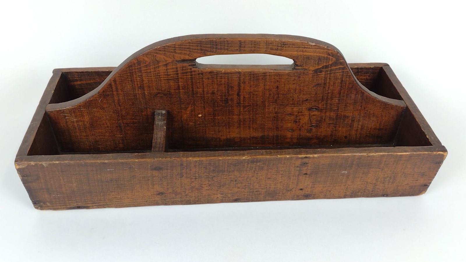 Antique Wooden Caddy: 22-1/2" wide X 10" deep X 8" high. DM IMPORTANT: Before bidding, please read the terms and conditions. When you registered for the auction you agreed to these terms and will be required to comply with