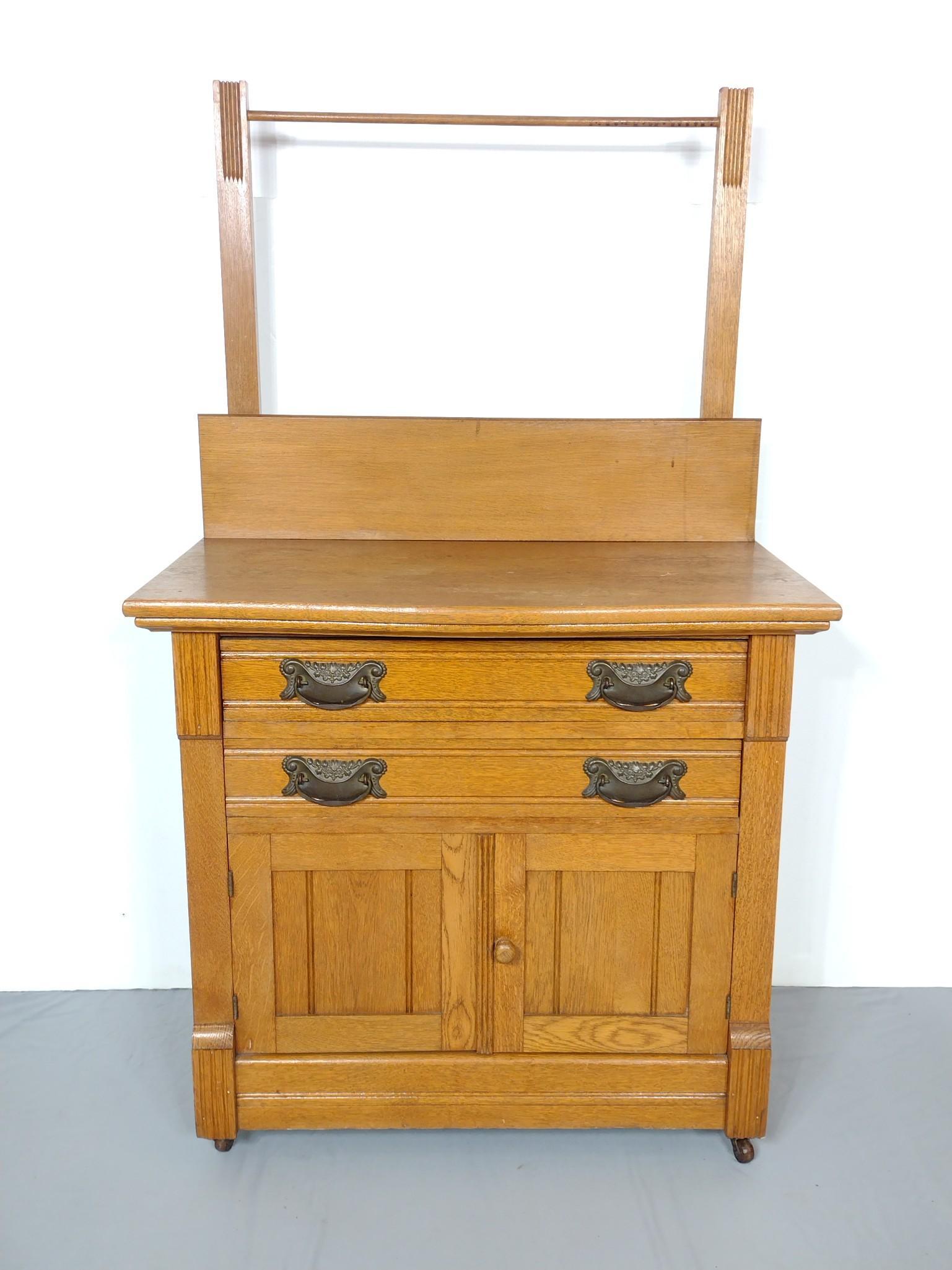 Wash Stand: 32" wide X 17" deep X 53-1/2" high. Top has some discoloring is spots. MG. IMPORTANT: Before bidding, please read the terms and conditions. When you registered for the auction you agreed to these term