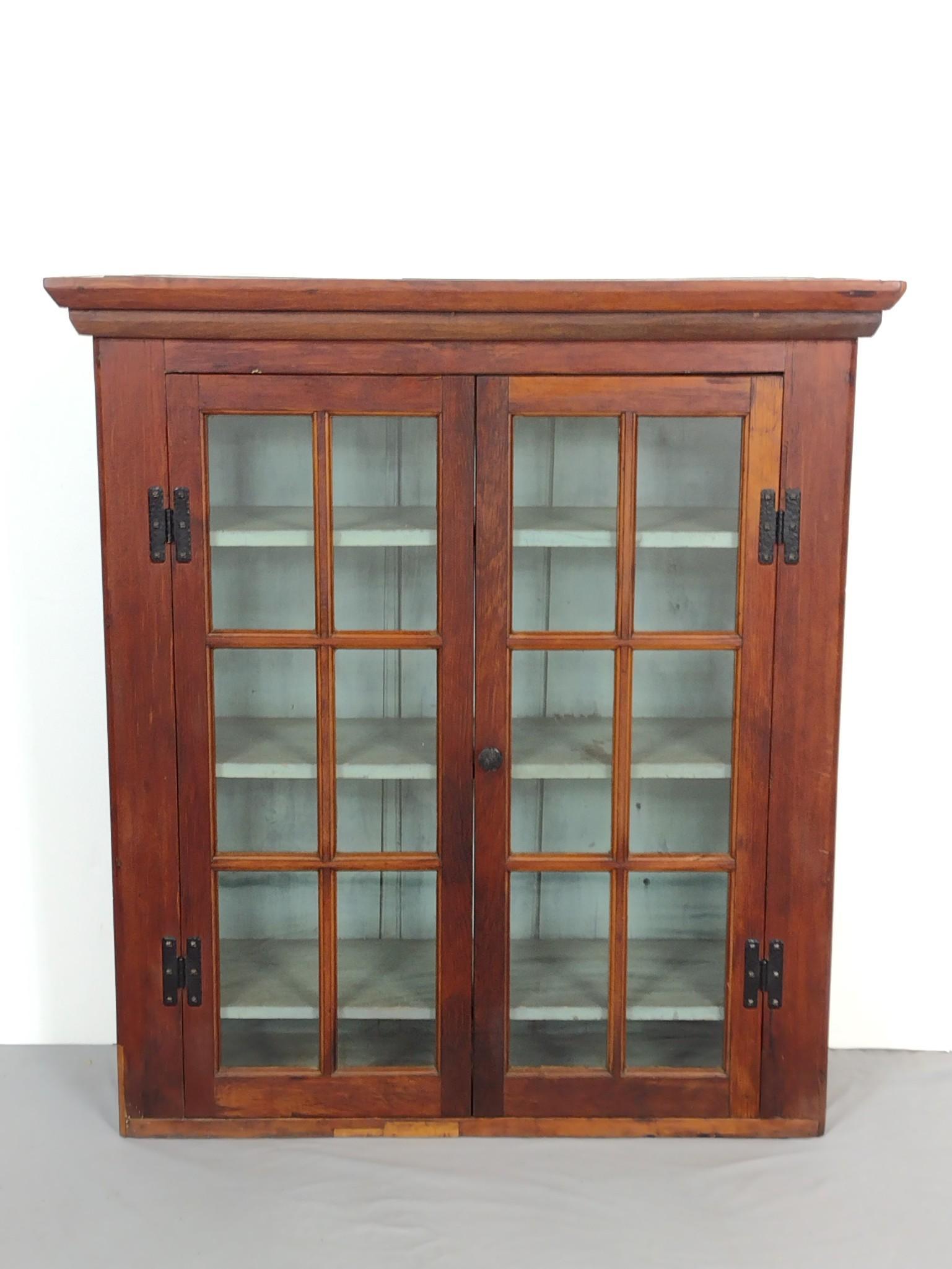 Antique Glass Front Cabinet: 32-1/2" wide X 10-1/2" deep X 36" high. Has scratches and finish loss. Also has areas of discoloring. MG. IMPORTANT: Before bidding, please read the terms and conditions. When you registered for the a