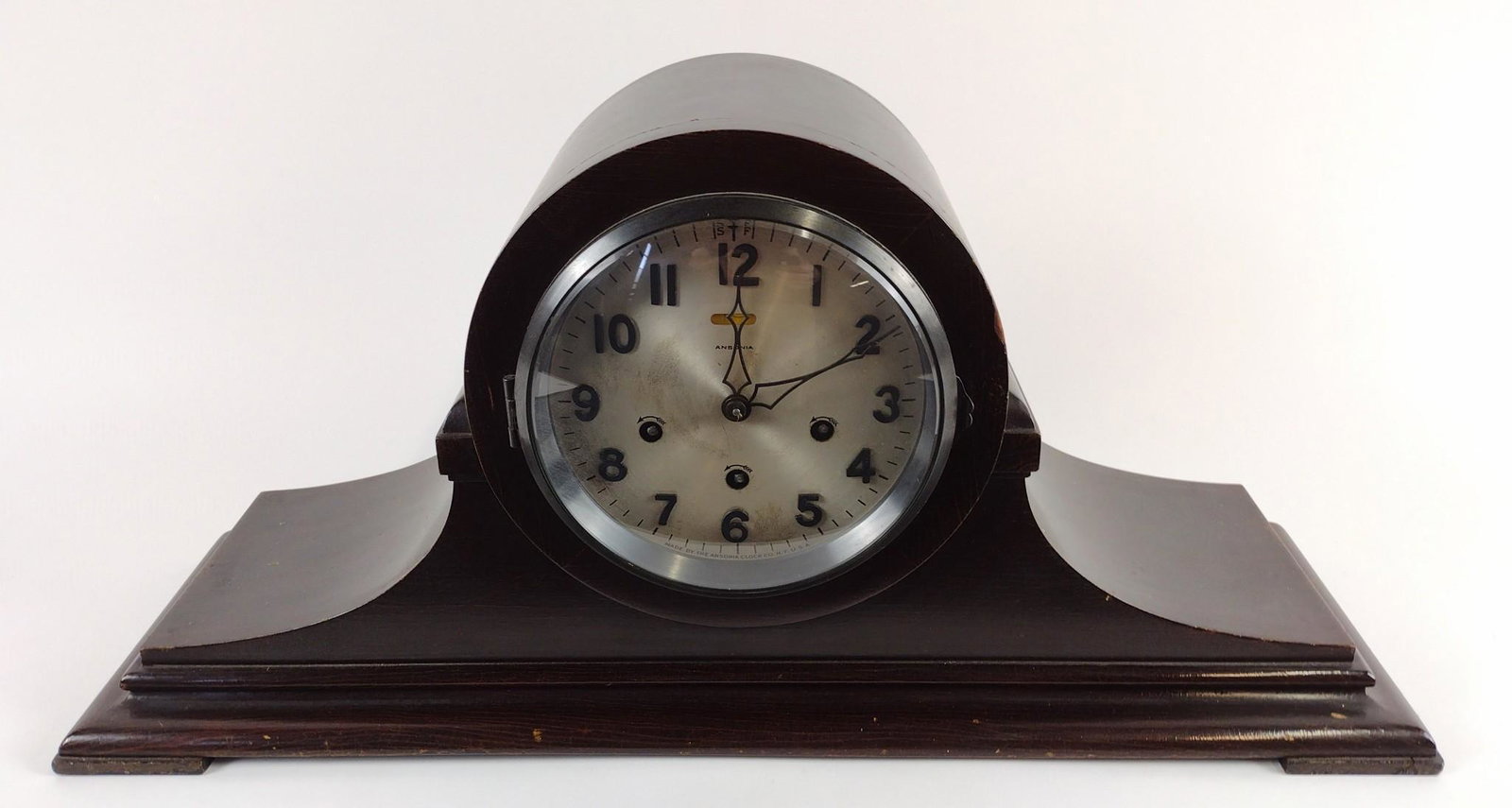 Ansonia Mantel Clock: Starts and stops. 22-1/2" wide X 7" 10-1/2" high. DM IMPORTANT: Before bidding, please read the terms and conditions. When you registered for the auction you agreed to these terms and will be required