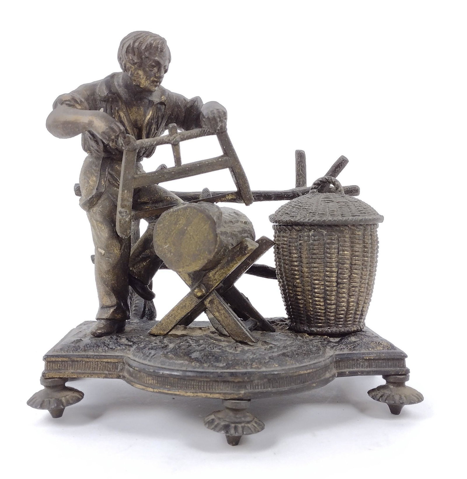 Figural Match Safe: 7-1/2" wide, 5" diameter, and 7-1/4" high. Basket lid opens for matches. Saw not attached. Lid of basket not attached. GRD stamped underneath. MEG. IMPORTANT: Before bidding, please read the terms and