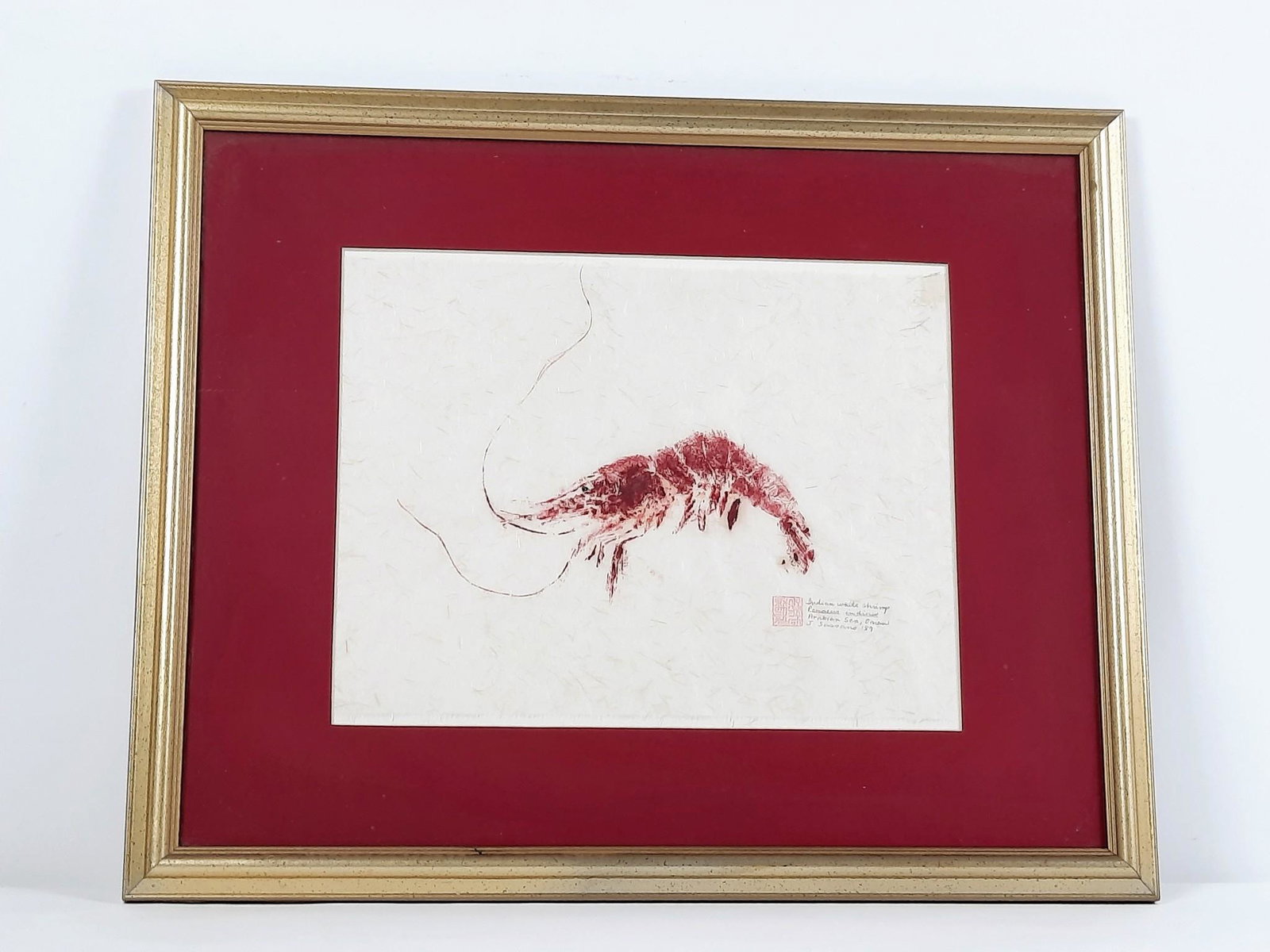 J. Sossano Indian White Shrimp Painting on Rice Paper: Arabian Sea, Oman. Overall with frame 18" high x 22" wide. LRIMPORTANT: Before bidding, please read the terms and conditions. When you registered for the auction you agreed to these terms and will be 