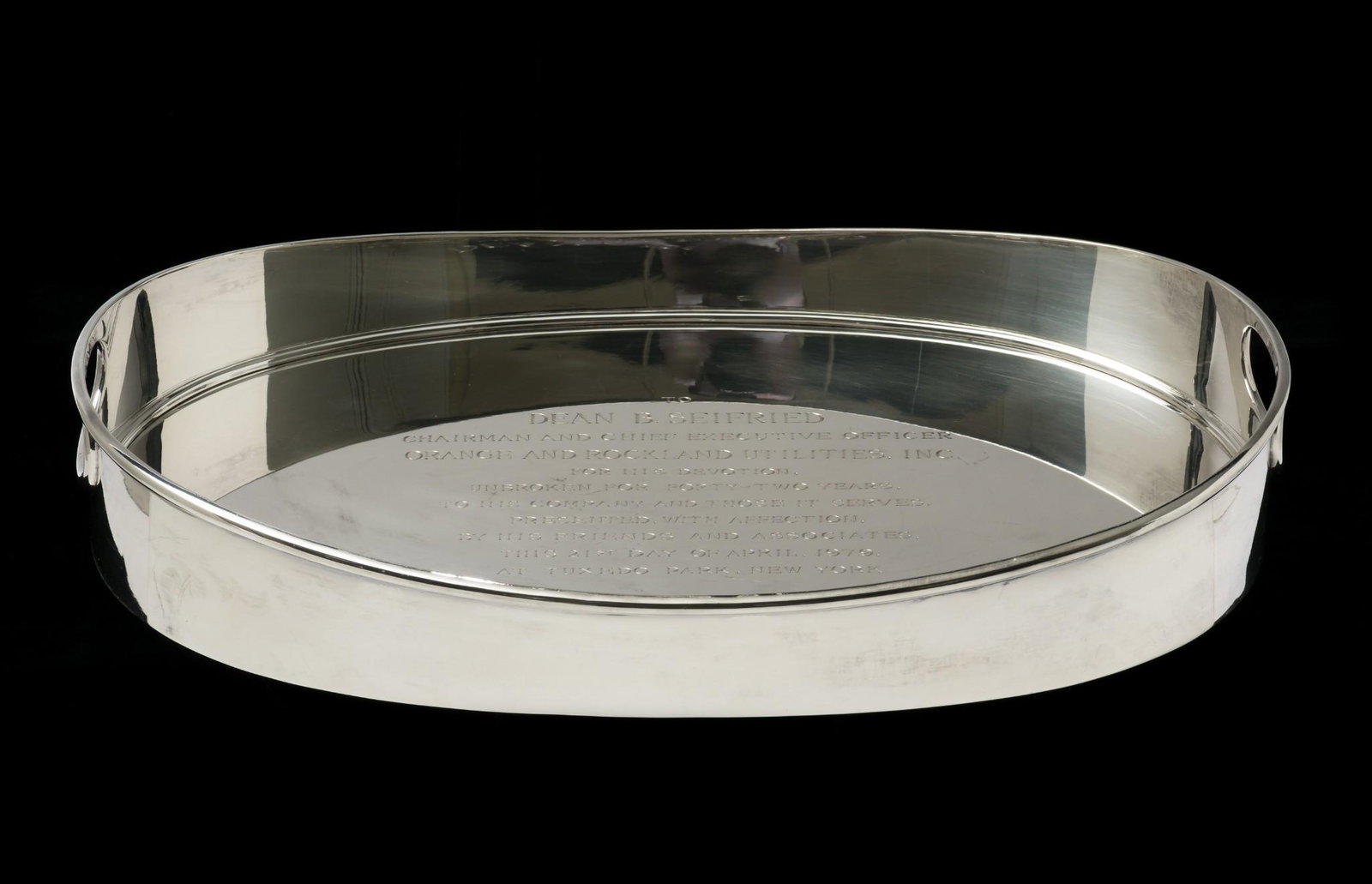 Fratelli Cacchione for Tiffany & Co. Sterling Gallery Tray: DESCRIPTION: Fratelli Cacchione sterling gallery tray retailed by Tiffany & Co, second half of 20th century. Inscribed to bottom interior: To Dean B. Seifried Chairman and Chief Executive Officer 