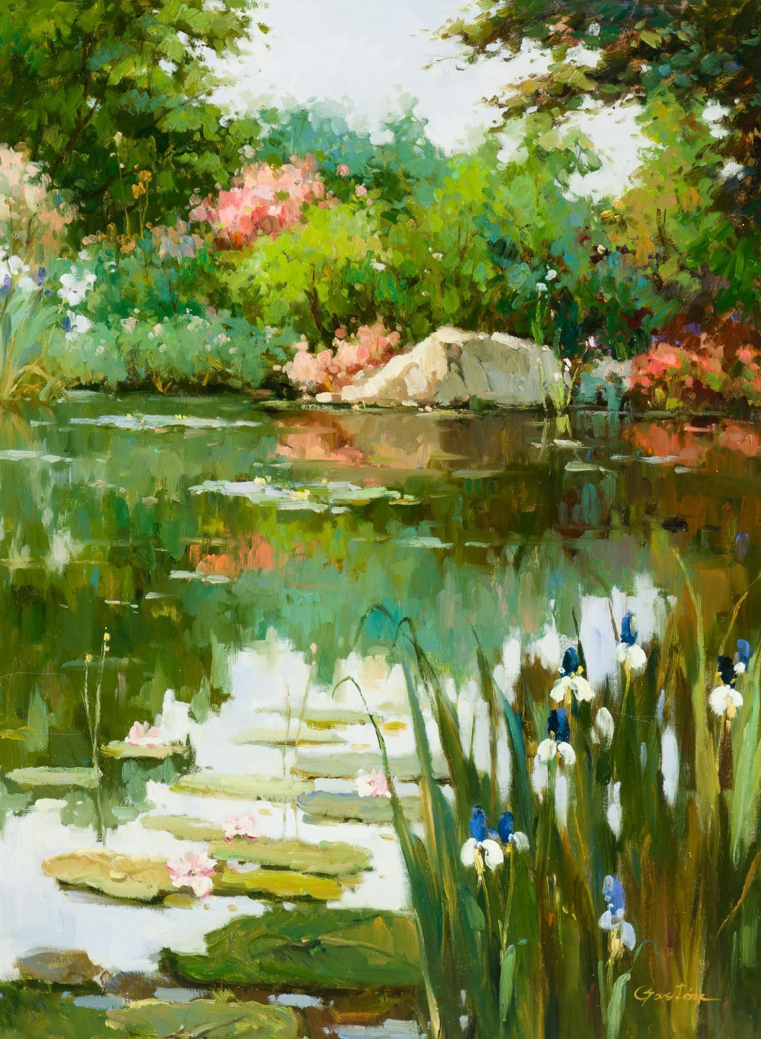 Marc Gaston (American, 20th Century): DESCRIPTION: "Landscape with Lily Pads". Marc Gaston (American, 20th Century). Oil on canvas. Signed lower right. In painted wood frame. MEASUREMENTS: 39" high x 29" wide; frame 2-1/2" wide. CONDITION