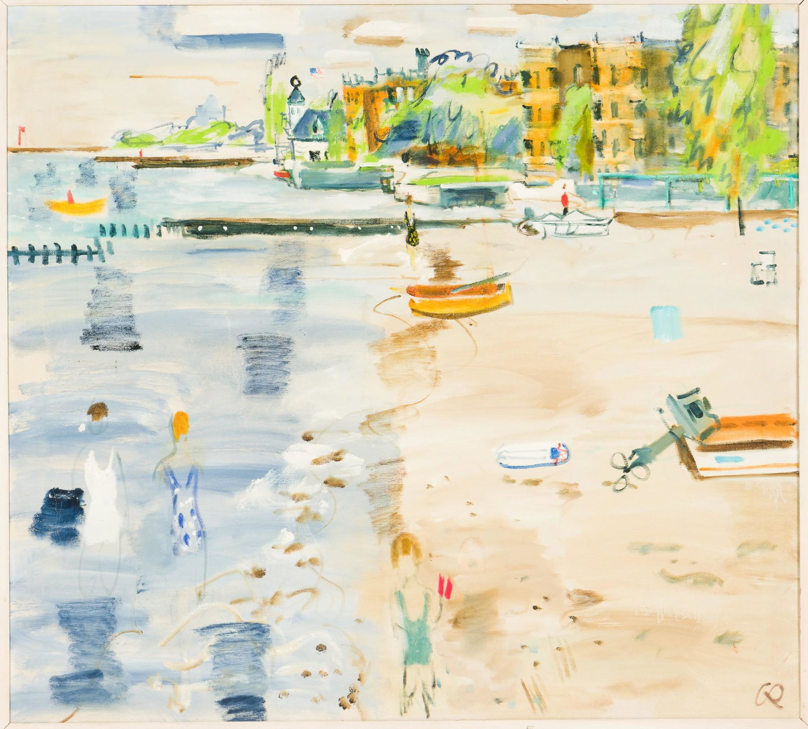 American School (20th Century): DESCRIPTION: "Sherwin Beach, Chicago". American School (20th Century). Monogrammed to lower right. "Sherwin Beach" to back of canvas. In painted wood frame. MEASUREMENTS: 31-1/2" wide x 28-1/2" high; 