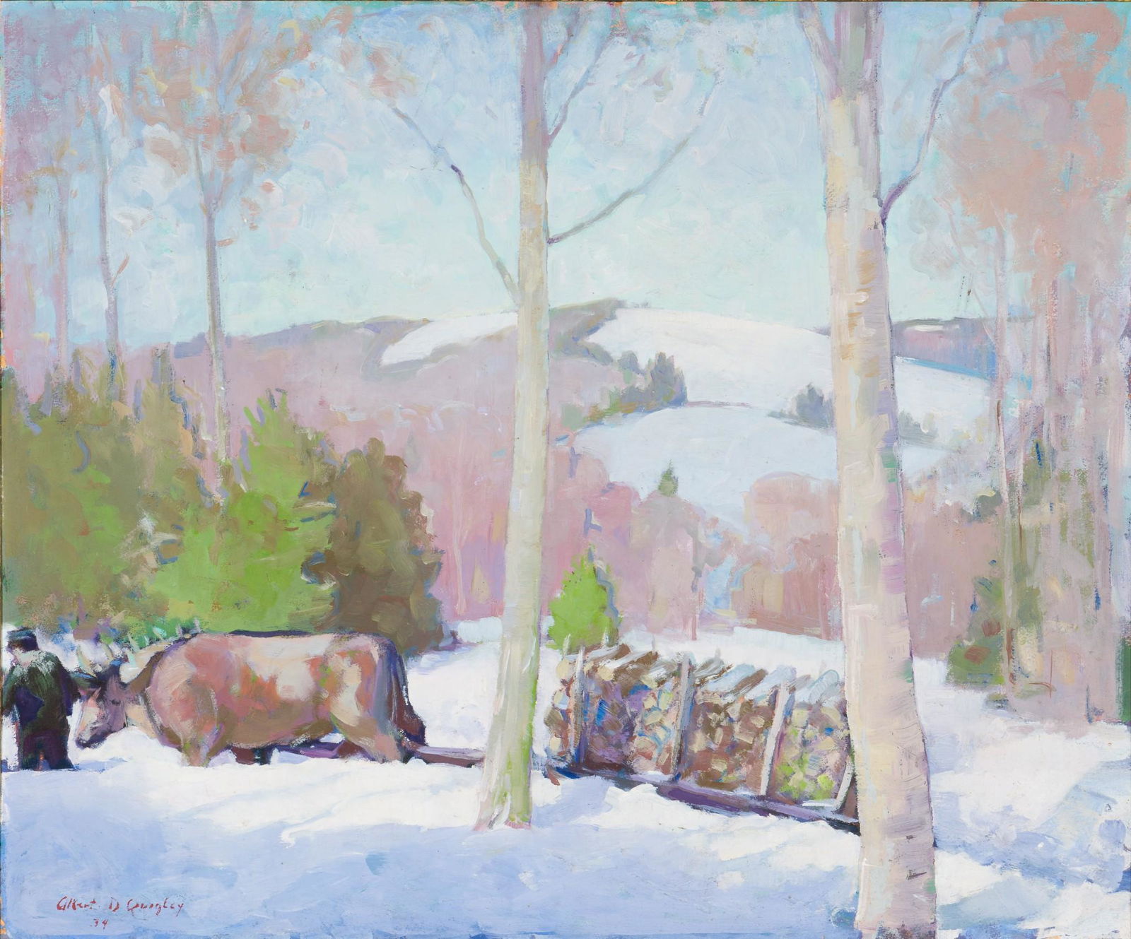 Albert Duvall Quigley (American, 1891-1961): DESCRIPTION: "Wood Gathering at Monadock". Albert Duvall Quigley (American, 1891-1961). Oil on board. Dated 1934. Signed lower left. In red and gilt painted wood frame. Figural study to rear of board.