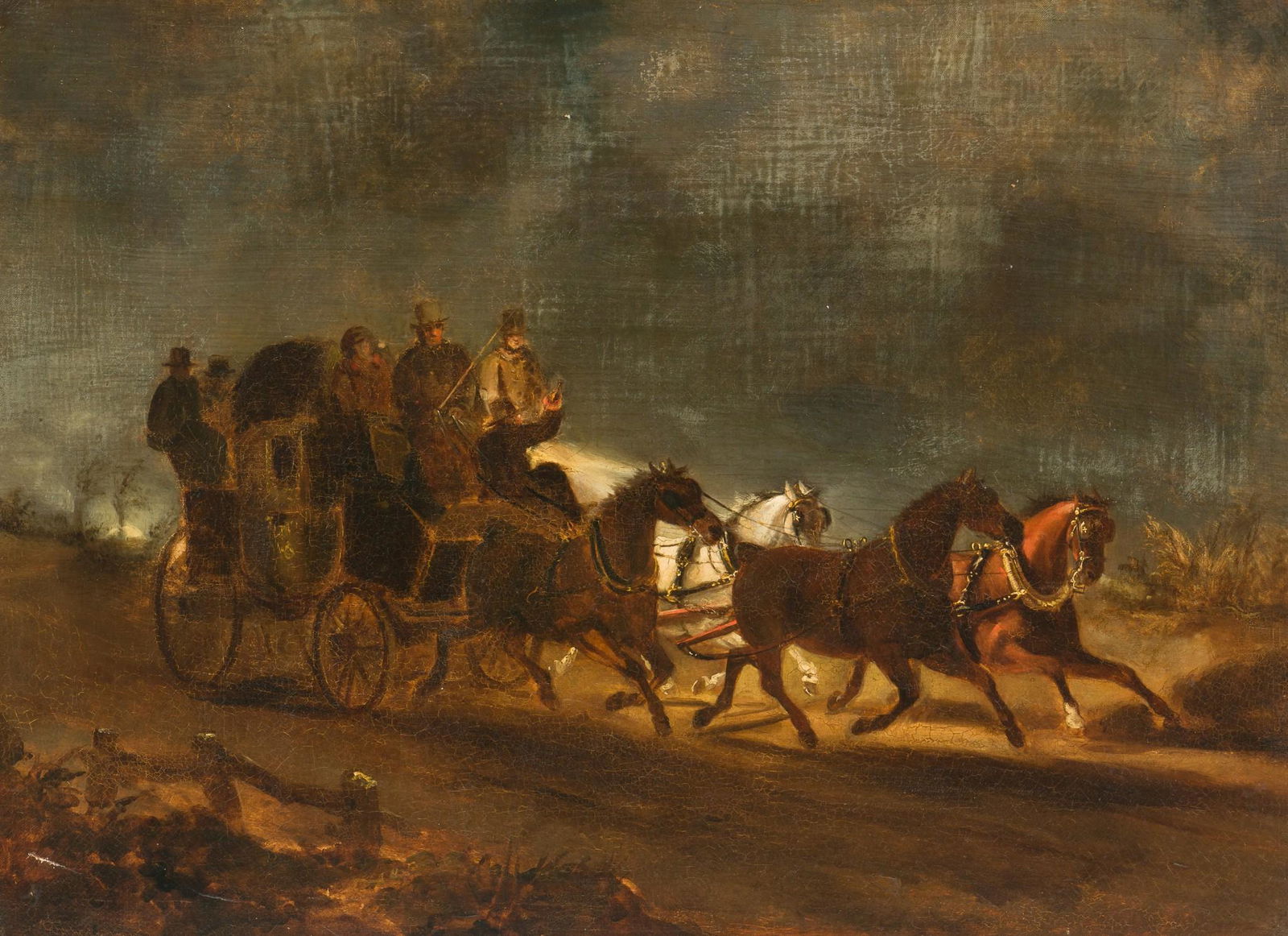 Continental School (19th Century): DESCRIPTION: "Nighttime Coaching Scene". Continental school (19th Century). Oil on canvas. Unsigned. In painted wood frame. MEASUREMENTS: 26" wide x 19-1/4" high; frame 2-1/4" wide. CONDITION: Relined
