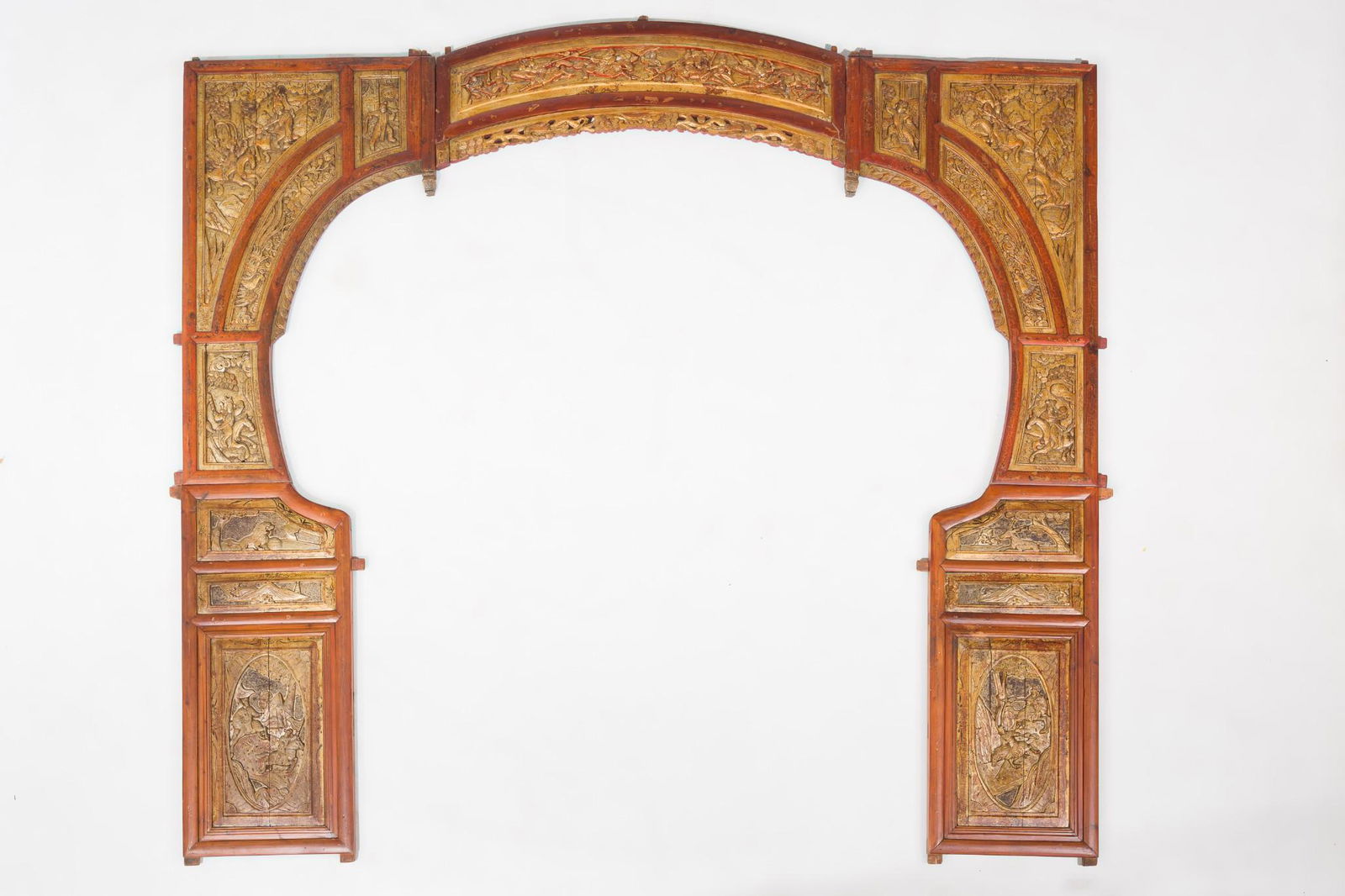 Chinese Gilt Wood Bed Panels: DESCRIPTION: Chinese gilt wood bed panels. Chop mark to outer edge of bottom right piece. Hand carved wooden headboard with carved and gilt panels of battle and natural scenes. Comes apart in 5 pieces