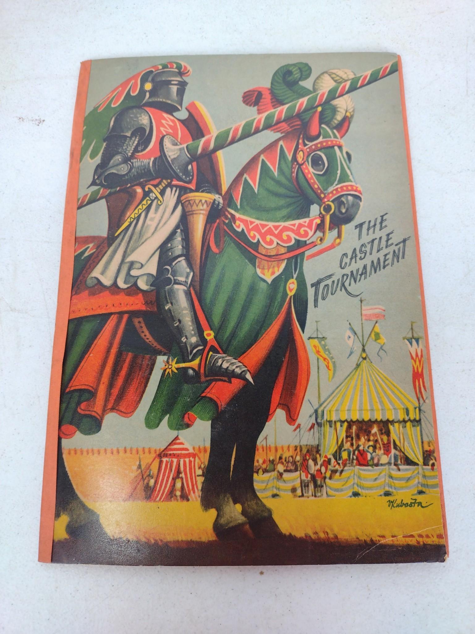 The Castle Tournament Pop-Up Book: The Castle Tournament pop-up book. Bancroft & Co publishers, London, 1961. Printed in Czechoslovakia. Back cover unfolds to form a pop-up with movable jousters. Rust to spine staples. Foxing to pages.