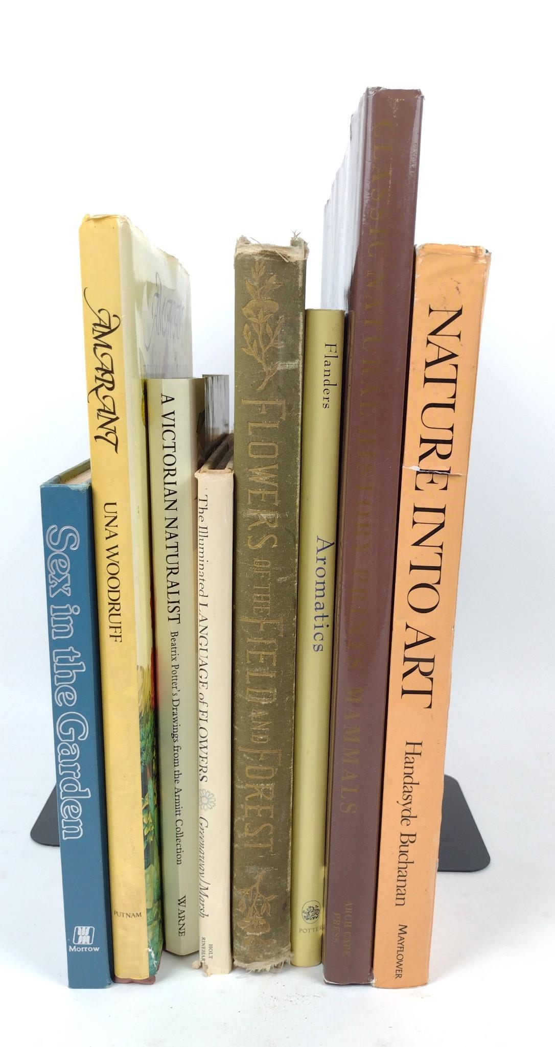8 Books on Flora & Fauna: Eight books on flora and fauna. Titles include The Flora and Fauna of Atlantis by a Lady Botanist, The Illustrated Language of Flower, Flowers of the Field and Forest, Aromatics, Nature into Art, and 