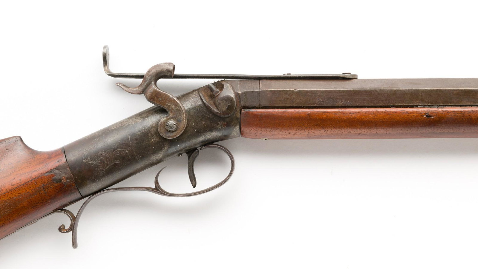 J. B. Knight 19th C. Percussion Target Rifle, Cal. .40: Serial Number: NSN Design: 19th century half stock percussion target rifle stamped "J.B. Knight" on top barrel flat. Barrel is 30", octagon-to-round, caliber approx. .40. Extended peep rear sight. Con