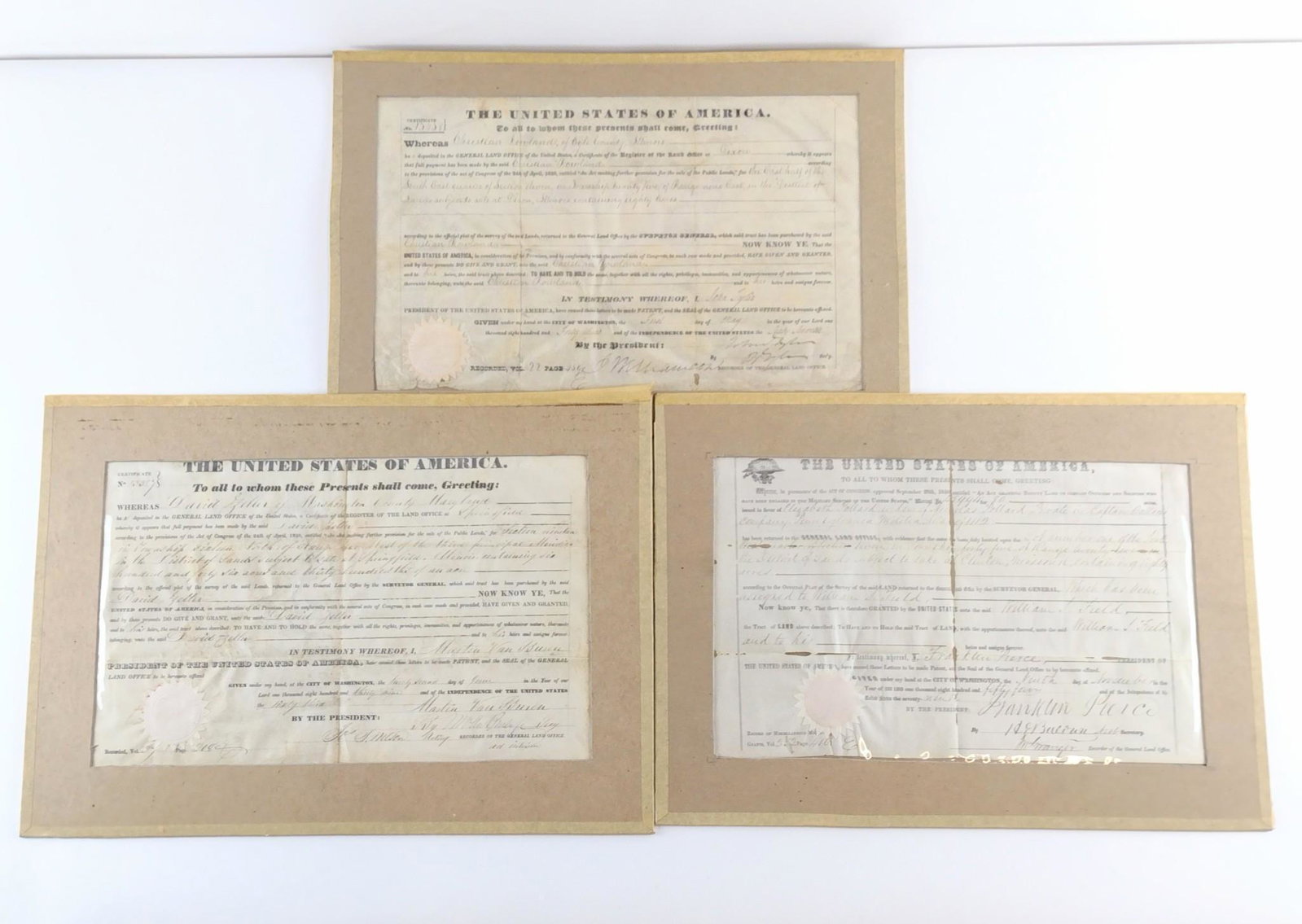3 Federal General Land Office Certificate: Dated 1839, 1843, and 1854 with secretary signatures for President Martin Van Buren, John Tyler, and Franklin Pierce. MG. IMPORTANT: Before bidding, please read the terms and conditions. When you regi