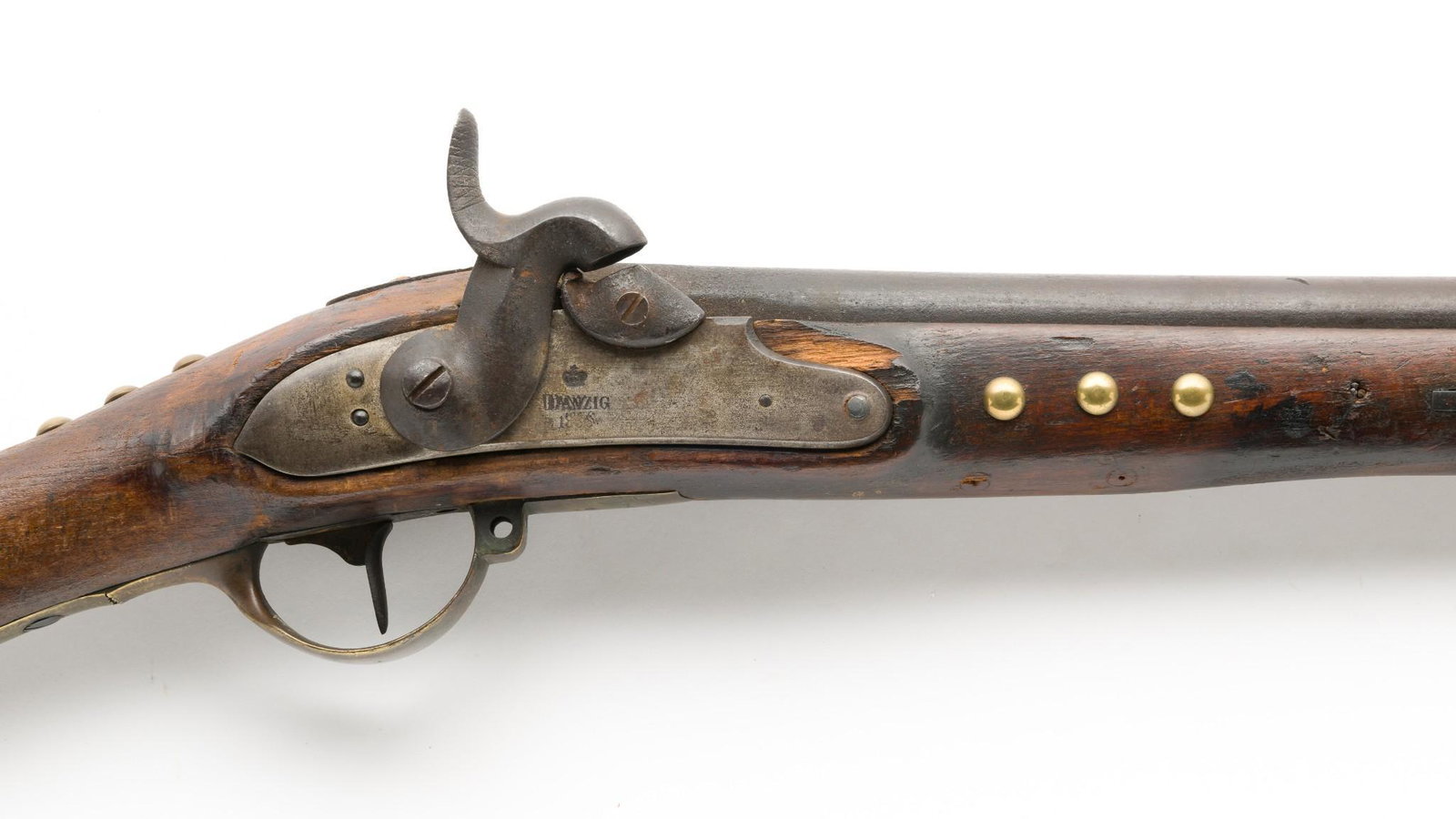 Danzig Percussion Musket, .69 caliber, Cut Down: Serial Number: NSN Design: 19th century musket, appears to be .69 caliber, with a lock marked "Danzig 1836." Percussion muzzleloader. Barrel has been cut down to 26 1/32". Poorly fitted front band. Ra