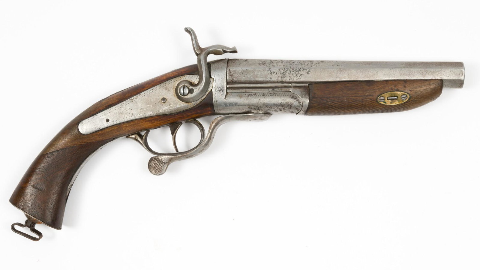 Hand Wrought Single Shot Pistol, 16 Ga. Pinfire (Obsolete): Serial Number: NSN Design:Hand wrought pistol that appears to have been made from an antique 16 gauge shotgun chambered for obsolete pinfire-style shells. Back action lock; possibly Belgian. No maker'