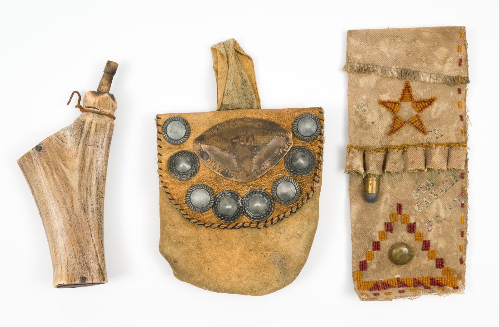 3 Old West Native American Style Weapon Accessories: Includes Beaded pouch with applied cartridge loops and 6th US Cavalry painted on face 8-1/2" long x 4" wide. Leather pouch with applied nickel conchas and plaque marked Garza County/District Brand Off