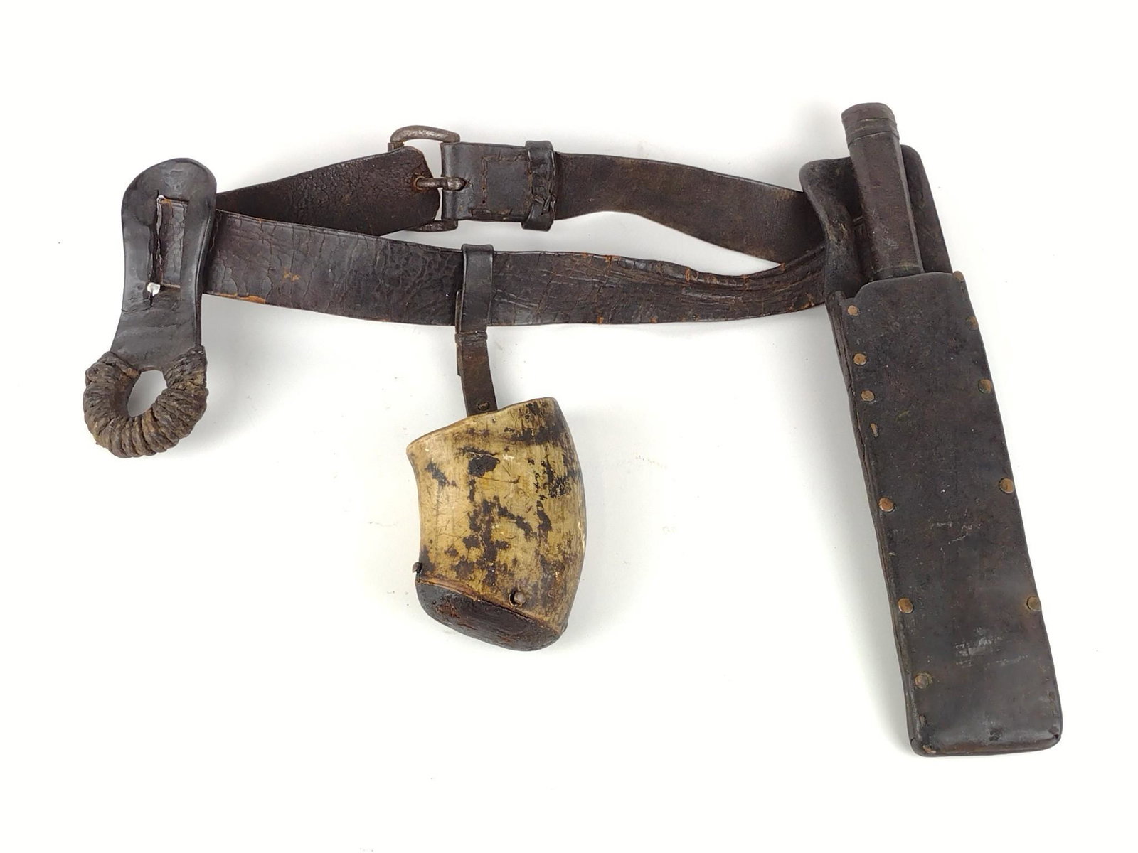 Knife & Horn Cup on Belt: Belt 44" long. DP. IMPORTANT: Before bidding, please read the terms and conditions. When you registered for the auction you agreed to these terms and will be required to comply with them.