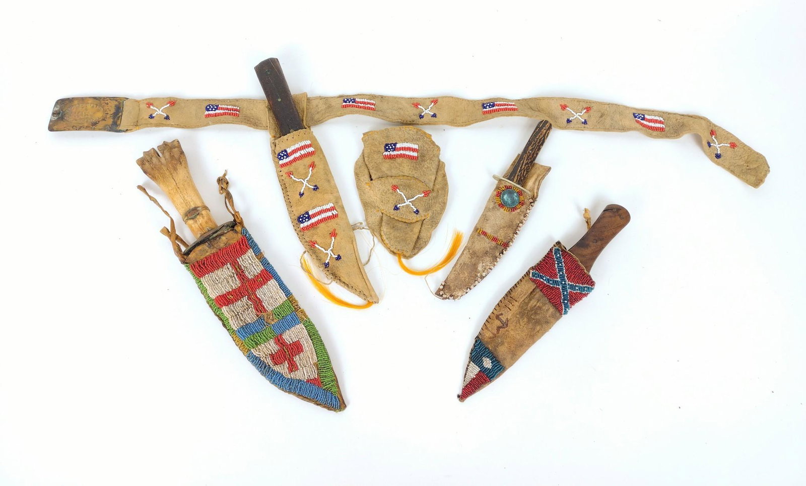 4 Western & Native American Style Knives: Includes Bowie style knife, circa 20th century with a late 20th century beaded sheath and belt with a reproduction Abraham Lincoln scout's badge. 14-1/2" long. Early trade knife with enhanced decorati