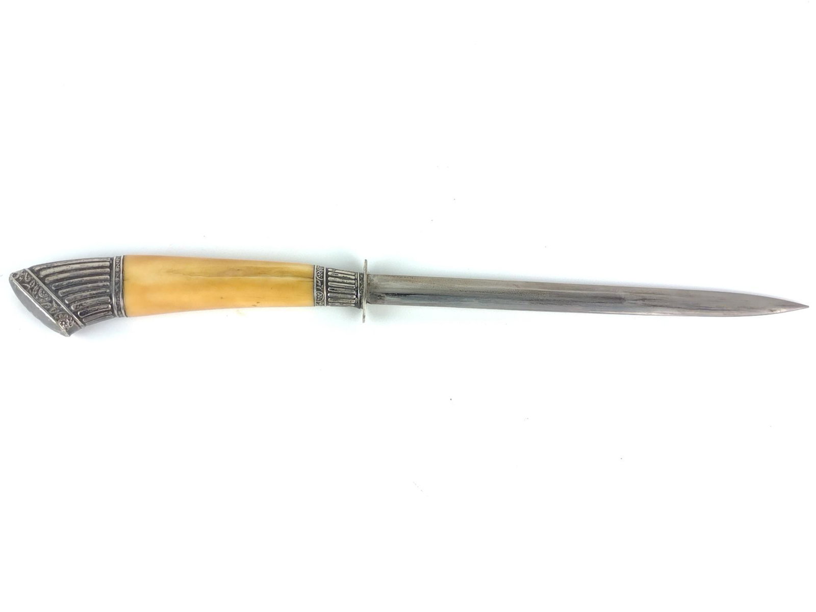 Bone Handled Knife with Sheath: Leather and sterling sheath. Handle fittings unmarked. Overall with sheath 13" long. Blade 6-3/4" long. DP. IMPORTANT: Before bidding, please read the terms and conditions. When you registered for the