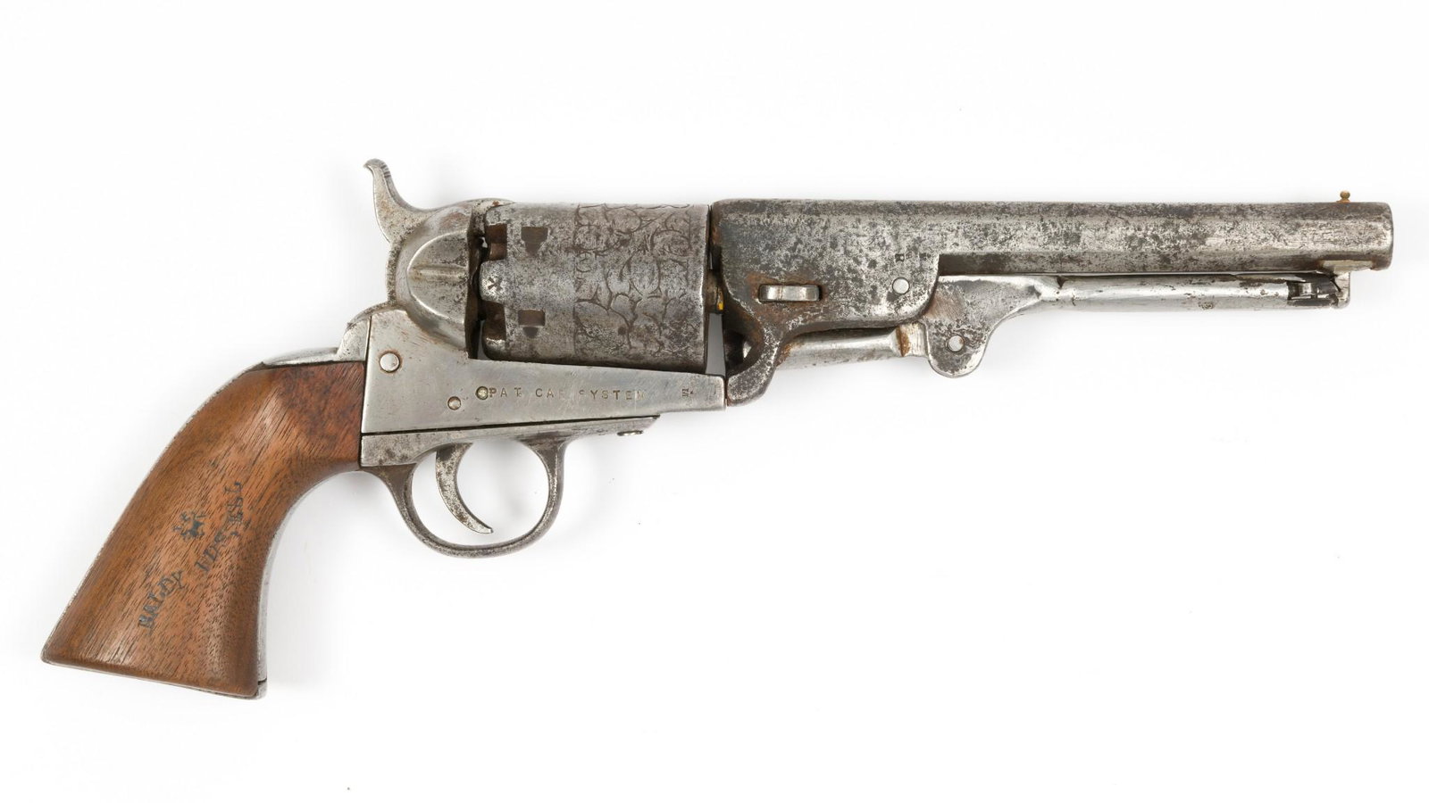 Belgian Percussion Revolver by Rongenson, Cal. .35: Serial Number: 3535 Design: Belgian copy of a Colt Navy revolver. Marked to top of 6" octagonal barrel: "Cap System Manufactured by Rongenson." Substantial wear overall and deeply pitted. Cylinder doe