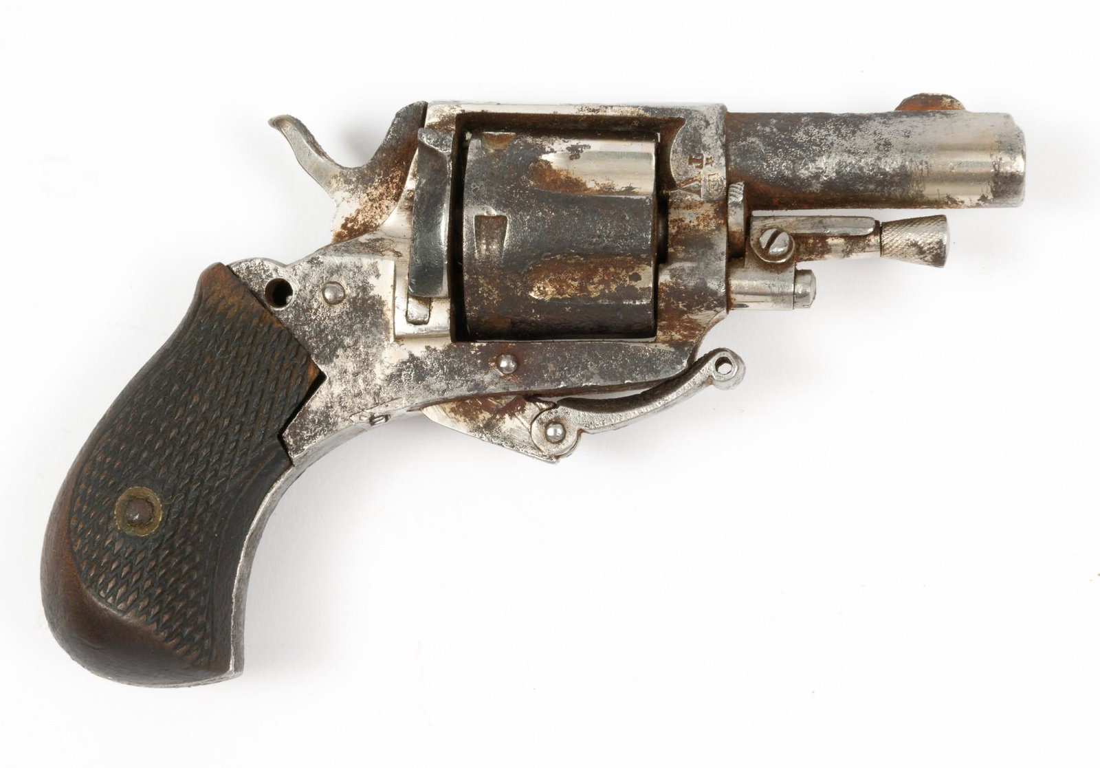 Tiny 19th C. European .22 Short Revolver w/ Old Pouch: Serial Number: 384 Design:Small .22 short European revolver with a 1-5/8" barrel, a 6-shot cylinder, folding trigger and factory wooden grips. Proofs at right: "T" with a star above it and "V" next to