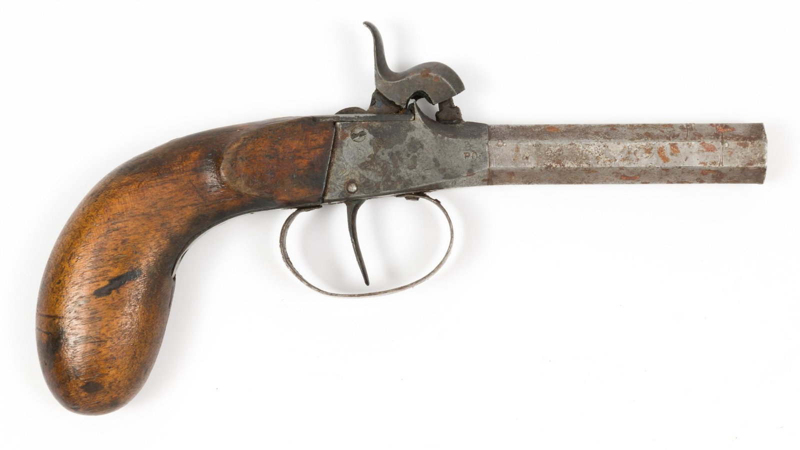 19th C. Box Lock Single Shot Percussion Pistol, .38 Cal.: Serial Number: NSN Design: 19th century box lock single shot percussion pistol. Appears to be .38 caliber. False rifling near muzzle. 3" octagonal barrel removes for loading.Trigger guard may be an ol