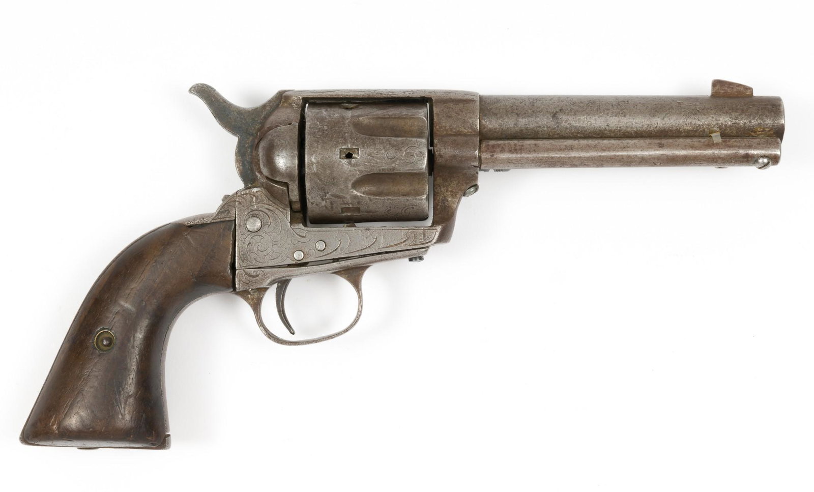 Vintage Copy of Colt SAA, Cal. .44: Serial Number: NSN Design: Copy of a Colt Single Action Army revolver. Possibly Mexican. 4-3/4" barrel, caliber .44. Bore dark; heavily worn exterior. Half-cock does not hold; functions from full cock