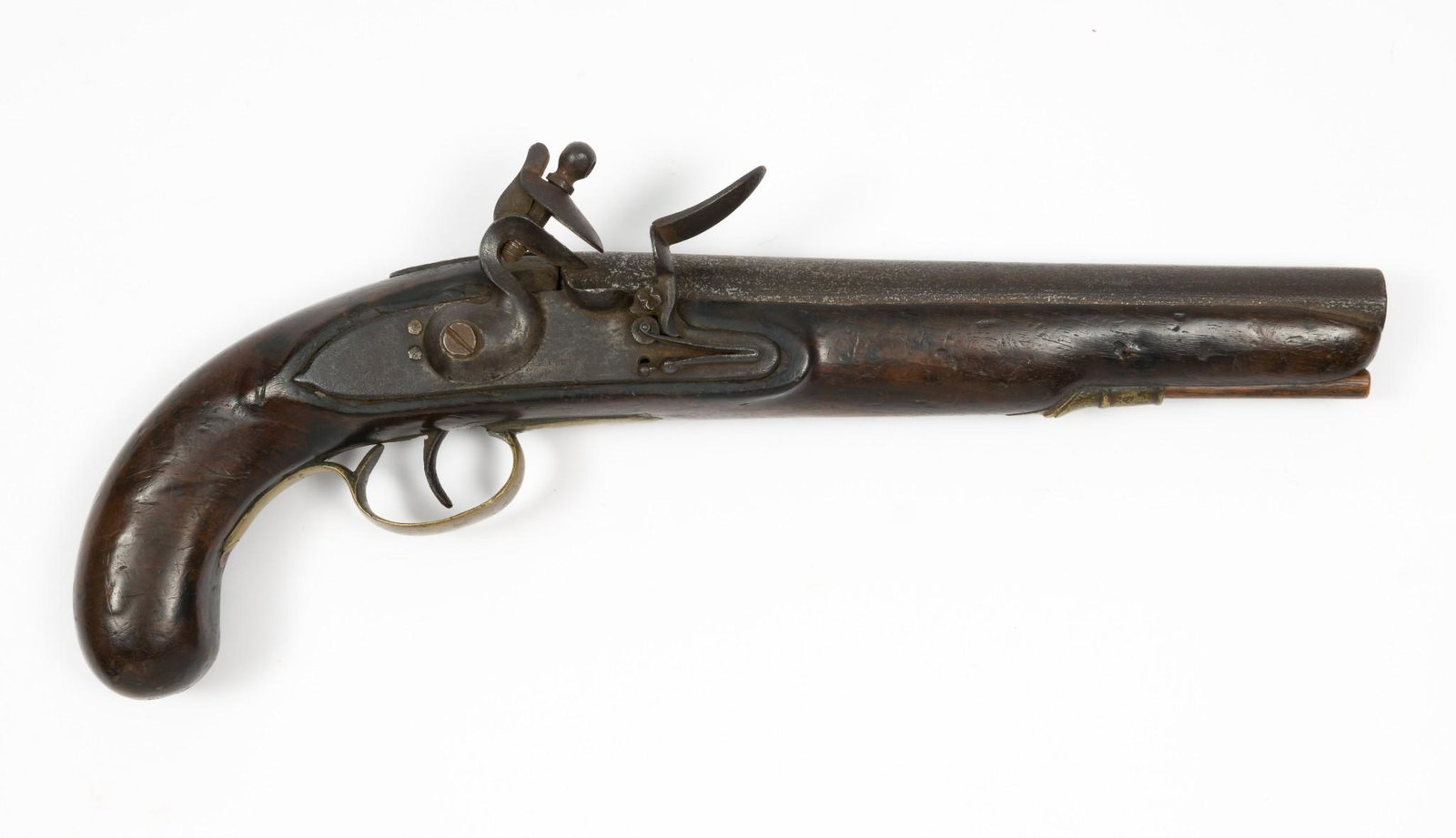 Vintage Flintlock Pistol: Serial Number: NSN Design: Vintage flintlock, possibly built around an old musket barrel. Heavily worn European/English proofs. Large, (approximately 12 ga.) bore. One lock bolt. Brass thimble and tri
