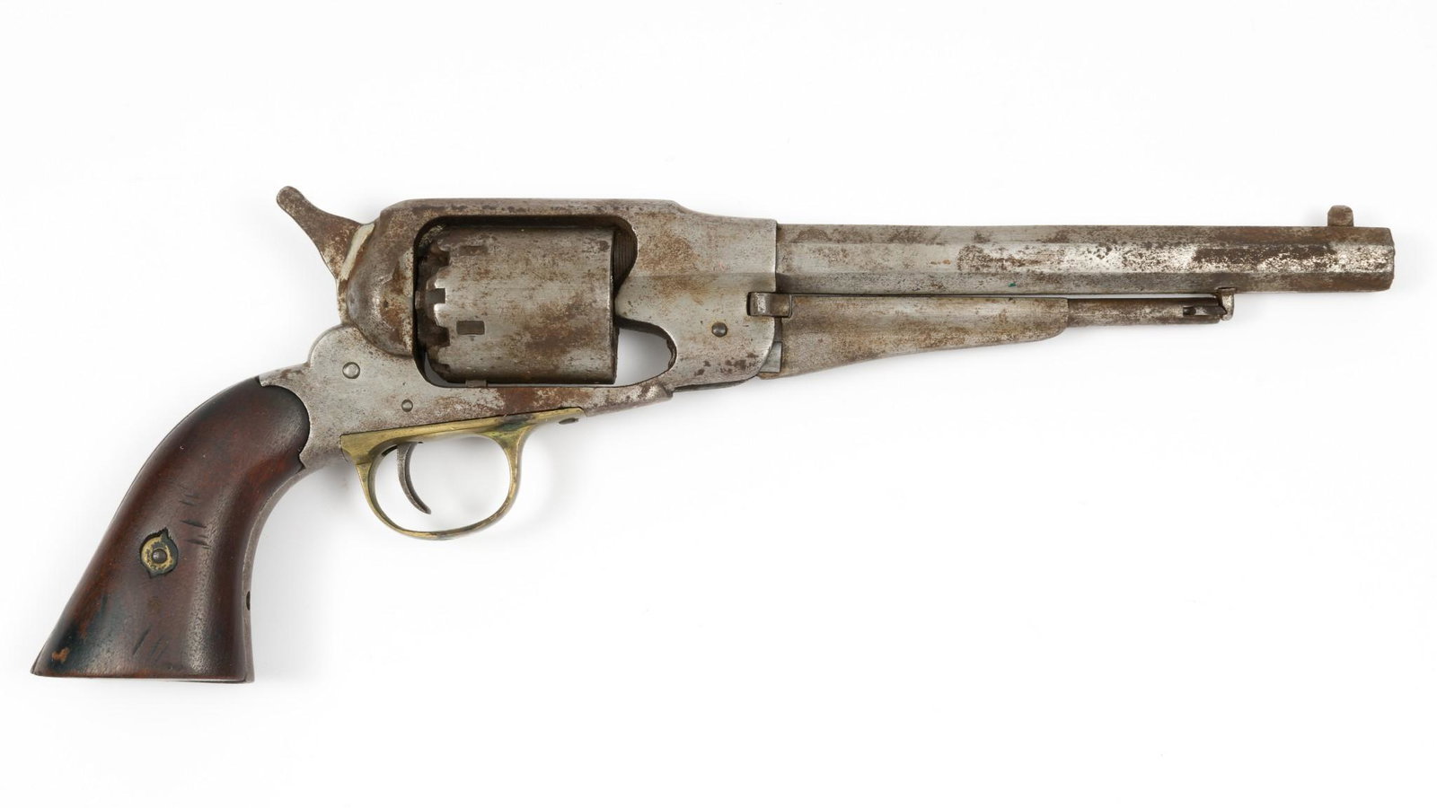 Remington New Model Percussion Revolver, Cal. 44 w/ Army Holster Rig: Serial Number: NSN (completely worn off) Design:Heavily buffed and refinished Remington New Model .44 percussion revolver with a 8" barrel and a 6-shot cylinder. Nickle refinish now a blend with rust.