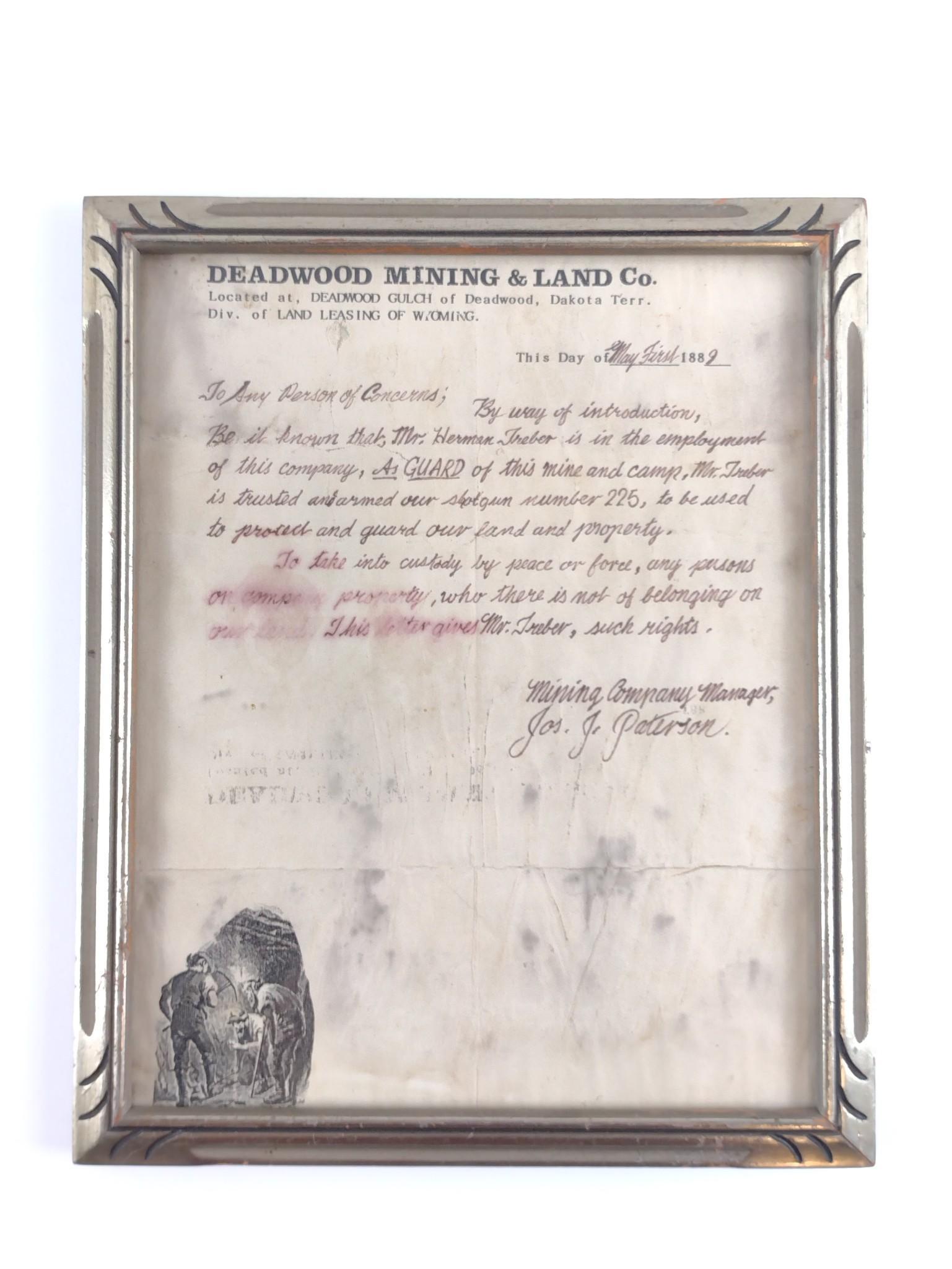 Deadwood Mining & Land Co Letter: Dated May 1 1889. Signed by mining company manager Joseph J. Paterson introduces Mr. Herman Treber as a guard at a mine camp. MG. IMPORTANT: Before bidding, please read the terms and conditions. When 