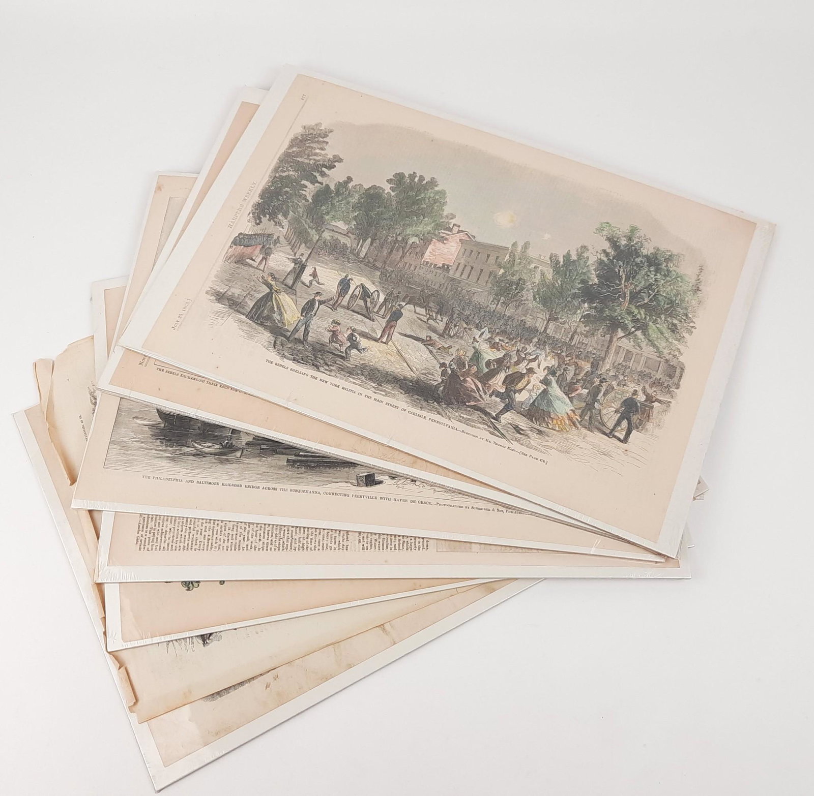 7 Leaves From Illustrated Publications incl Harper's Weekly: Includes Pennsylvania scenes from Harrisburg, Philadelphia, Carlisle, and Chambersburg. LR IMPORTANT: Before bidding, please read the terms and conditions. When you registered for the auction you agre