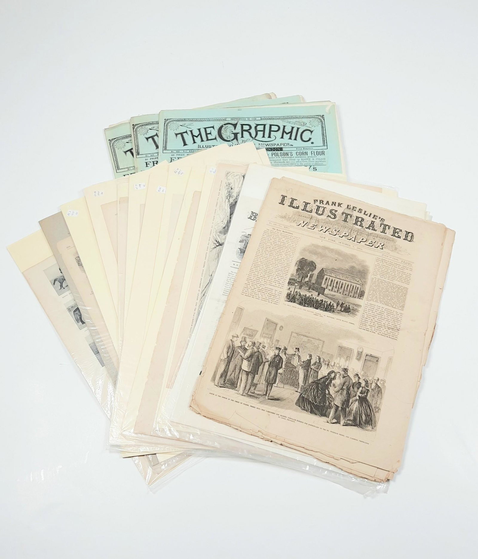 19 Pcs incl Harper's Weekly and Frank Leslie's: Also includes (3) The Graphic and Illustrated Weekly Newspaper. All with some toning and losses. LR IMPORTANT: Before bidding, please read the terms and conditions. When you registered for the auction