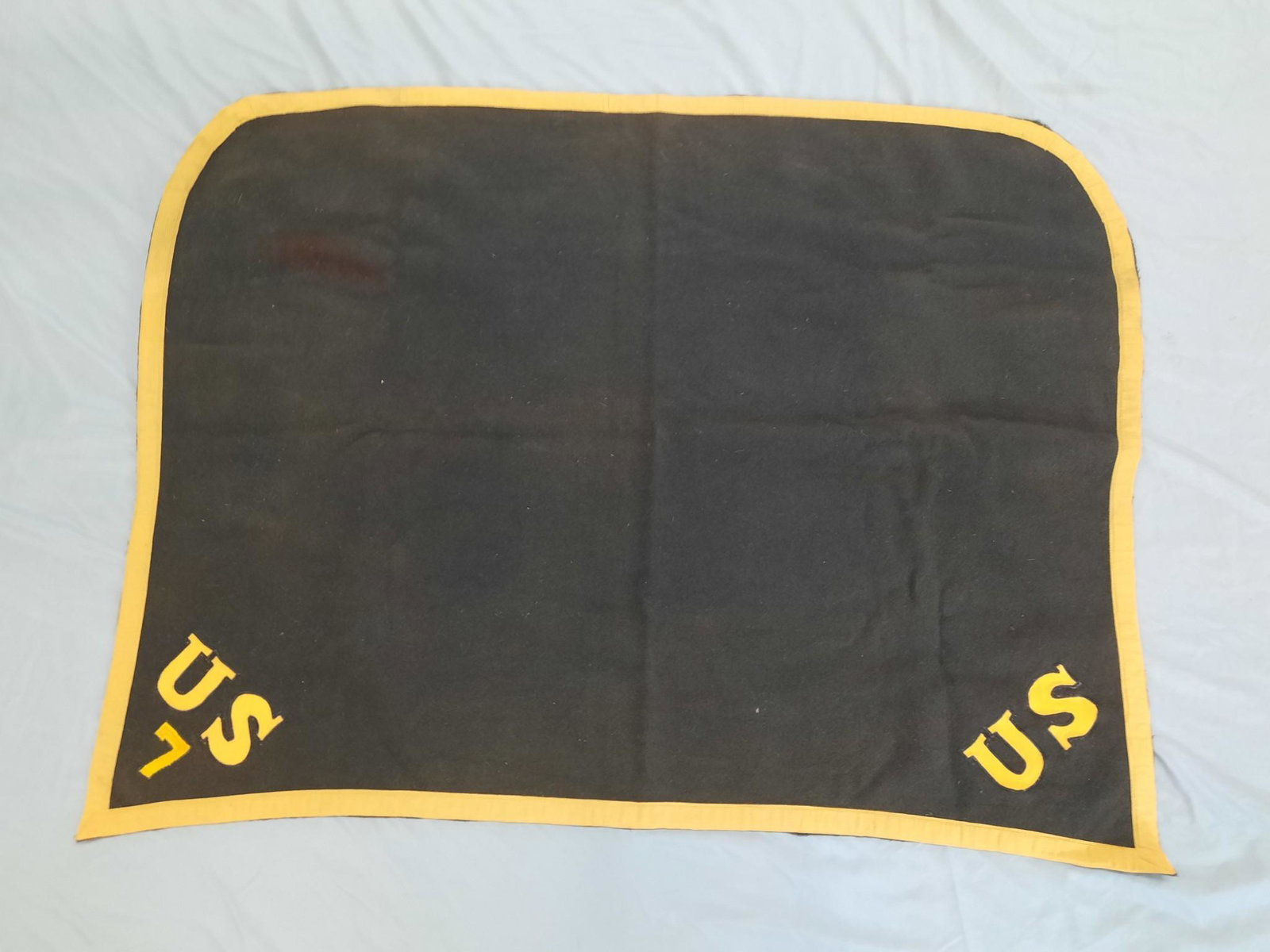 US Cavalry Saddle Blanket: 46" wide x 34-1/4" long. LR IMPORTANT: Before bidding, please read the terms and conditions. When you registered for the auction you agreed to these terms and will be required to comply with them.
