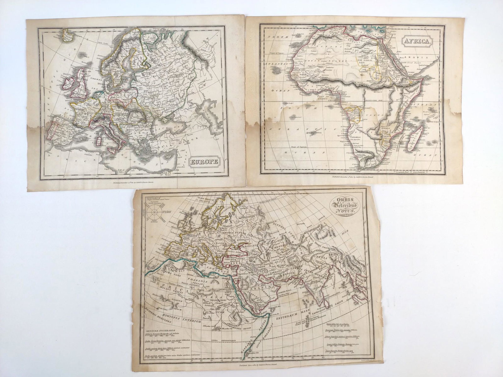 3 Cadell & Davis 19th C Maps: Engraved, hand colored December 5th 1811 Europe. 10-1/2" wide X 8-1/2" high. Africa December 5th 1811. 10-1/2" wide X 8-1/2" high. Orbis Veteribus Notus (The Ancient World) January 1st 1812. 12" wide 