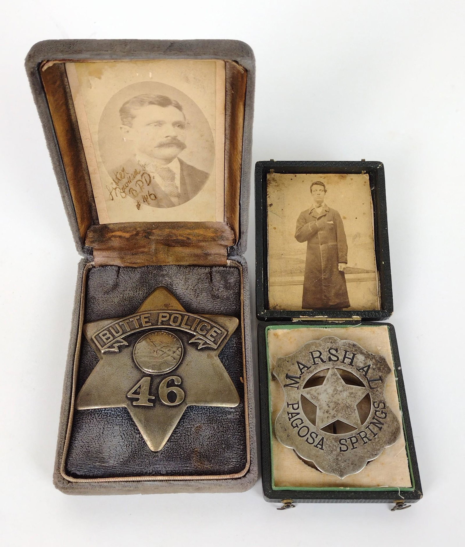 2 Police Badges with Photographs: Includes Butte Police badge #46 with associated photograph marked Lester Bowman B.P.D. #46; badge 3-1/4" high x 3" wide; photograph 3-1/2" high x 2-3/8" wide. Also includes Marshal Pagosa Springs with