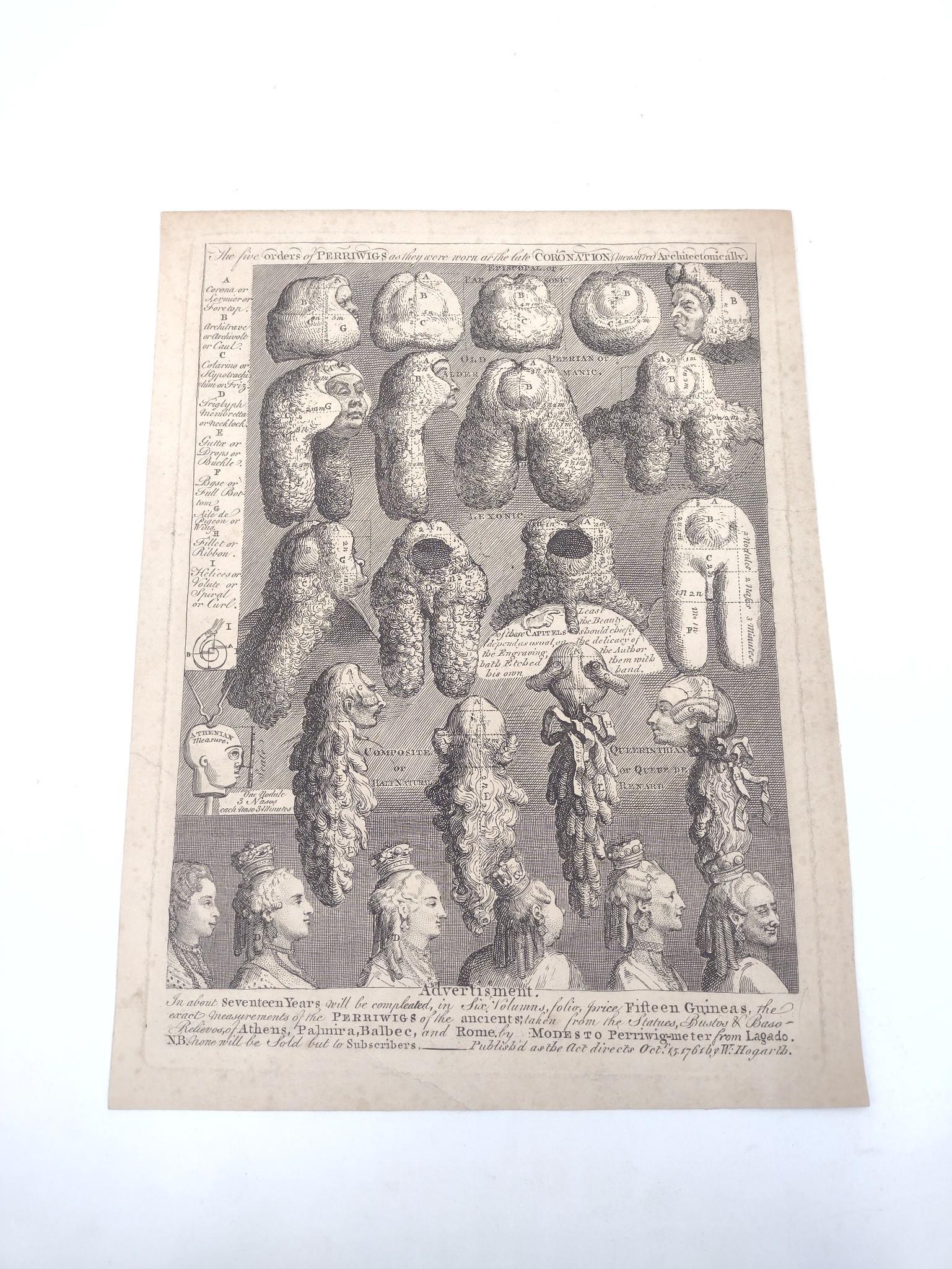 18th C. The Five Orders of Perriwigs Chart: Chart of Perriwigs published by W. Hogwarts, 1761. Small tear along right edge. 13" long and 9-3/4" wide. MEG IMPORTANT: Before bidding, please read the terms and conditions. When you registered for t